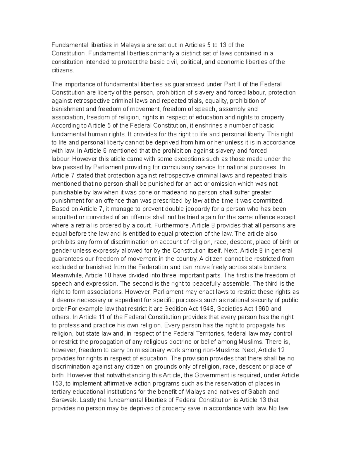 Law 1 Summaries Answer For Final Exam Fundamental liberties in