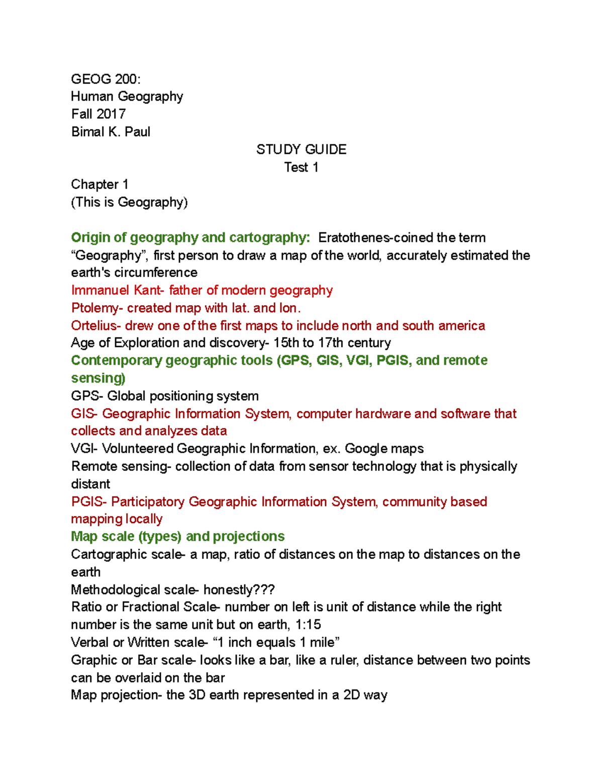 Human Geo Study Guide Test 1 - GEOG 200: Human Geography Fall 2017 ...