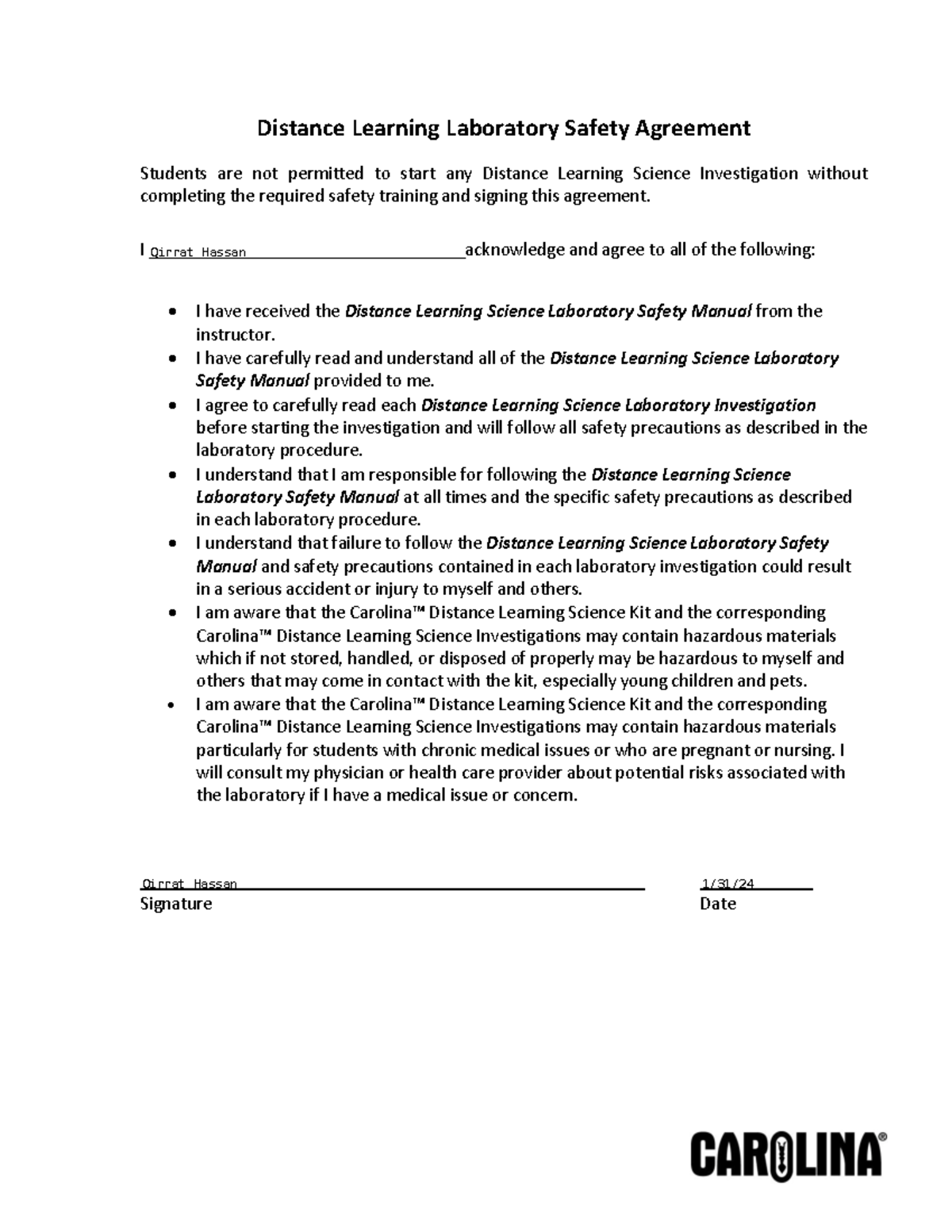 Lab saftey - Distance Learning Laboratory Safety Agreement Students are ...