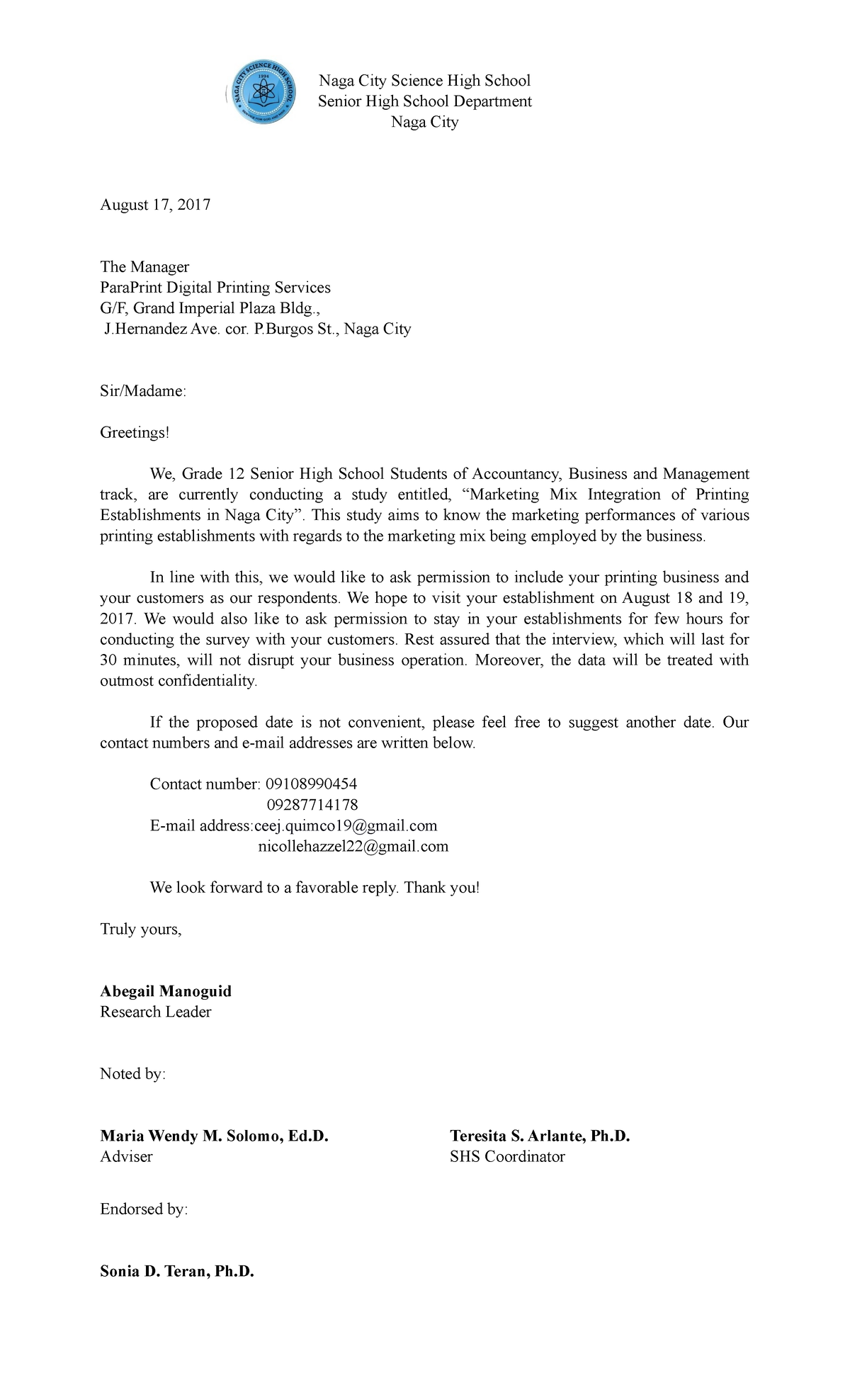 Comm Letters Printing 2 Naga City Science High School Senior High