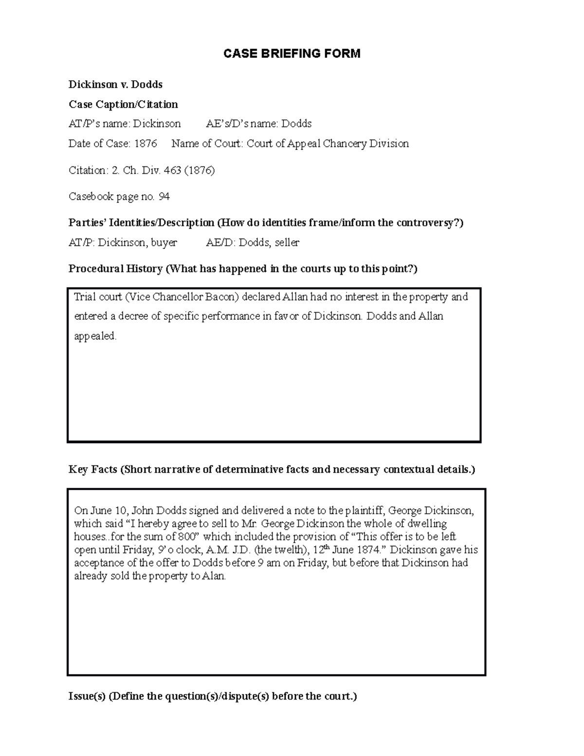 Dickinson v. Dodds - Case brief. - CASE BRIEFING FORM Dickinson v ...