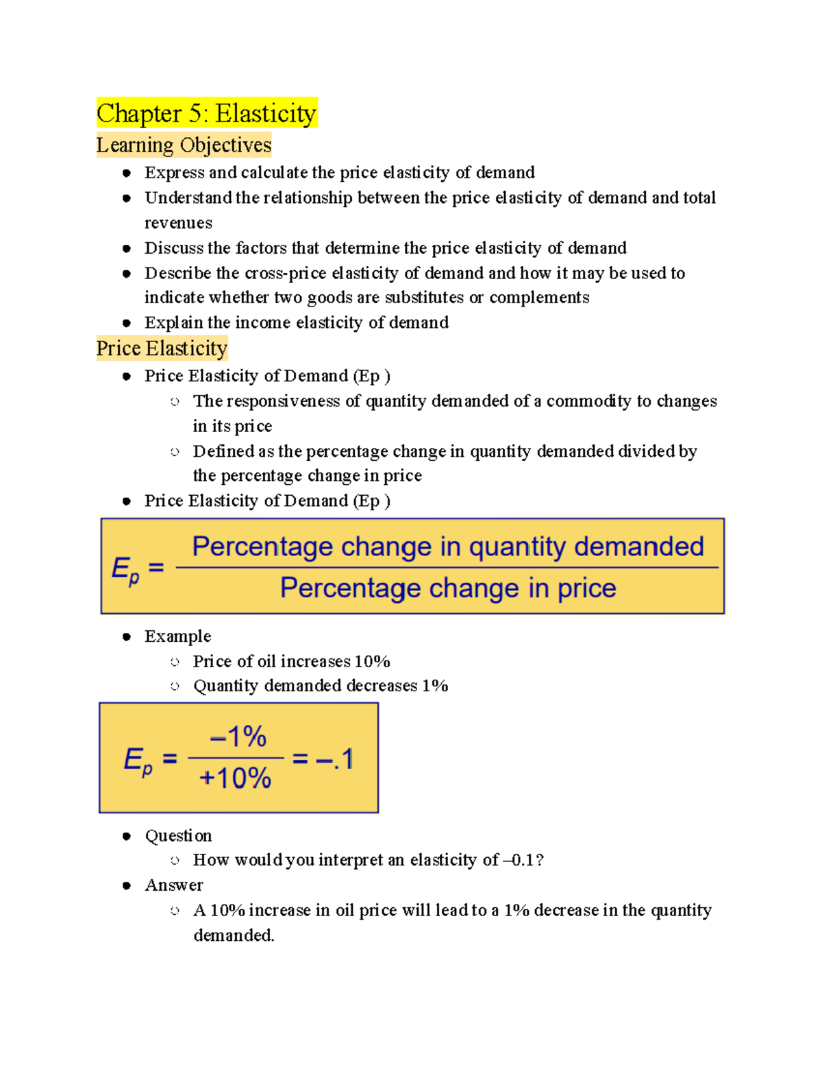 ECON 102 - Intro To Mircoeconomics (CHAP 5) - Chapter 5: Elasticity ...