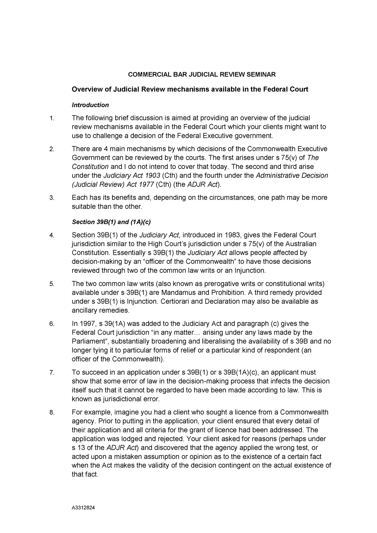 Adjr And S39B Review Paper - COMMERCIAL BAR JUDICIAL REVIEW SEMINAR ...