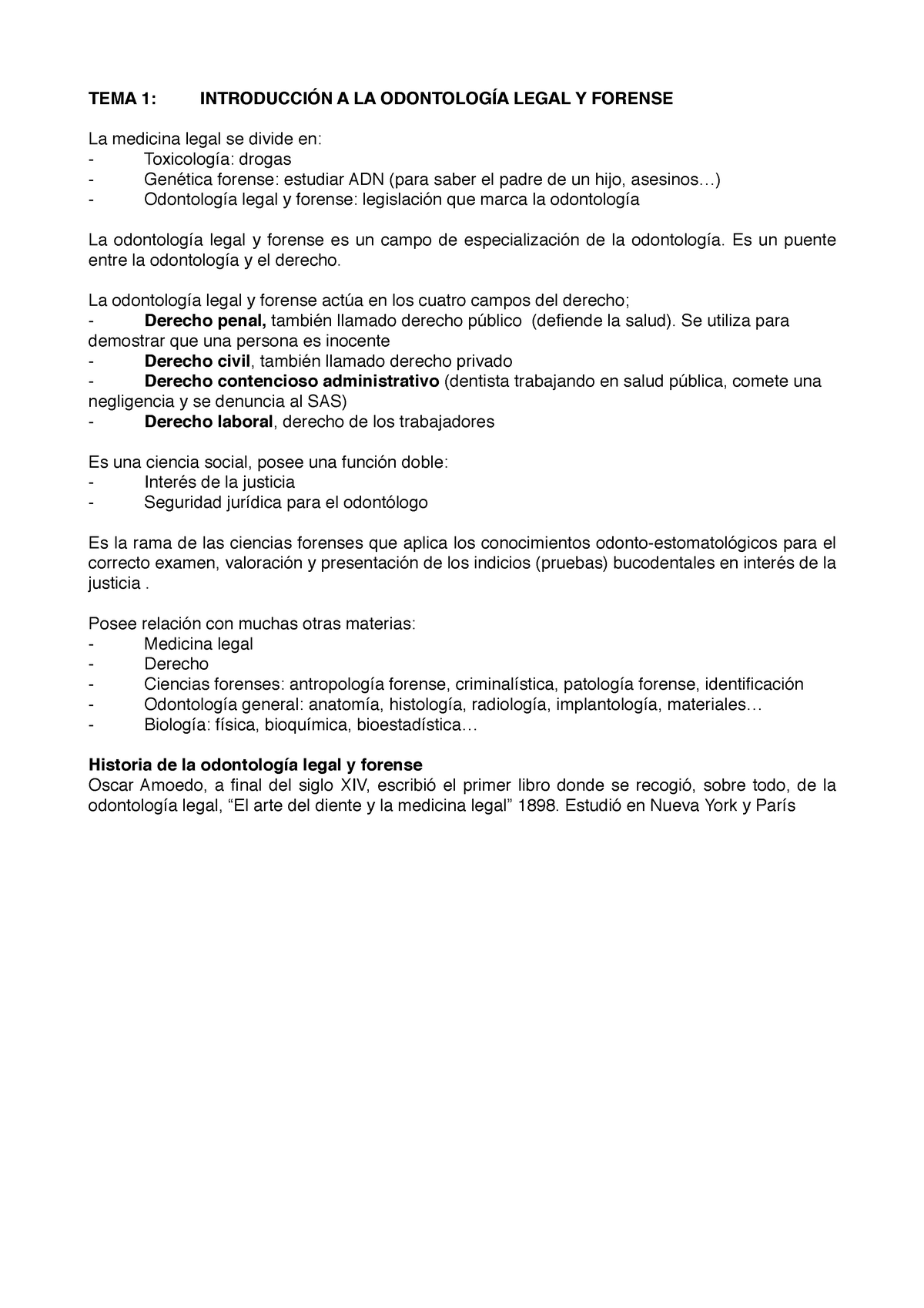 Tema 1. Odontología Legal - TEMA 1: A LA LEGAL Y FORENSE La medicina legal  se divide en: drogas - Studocu