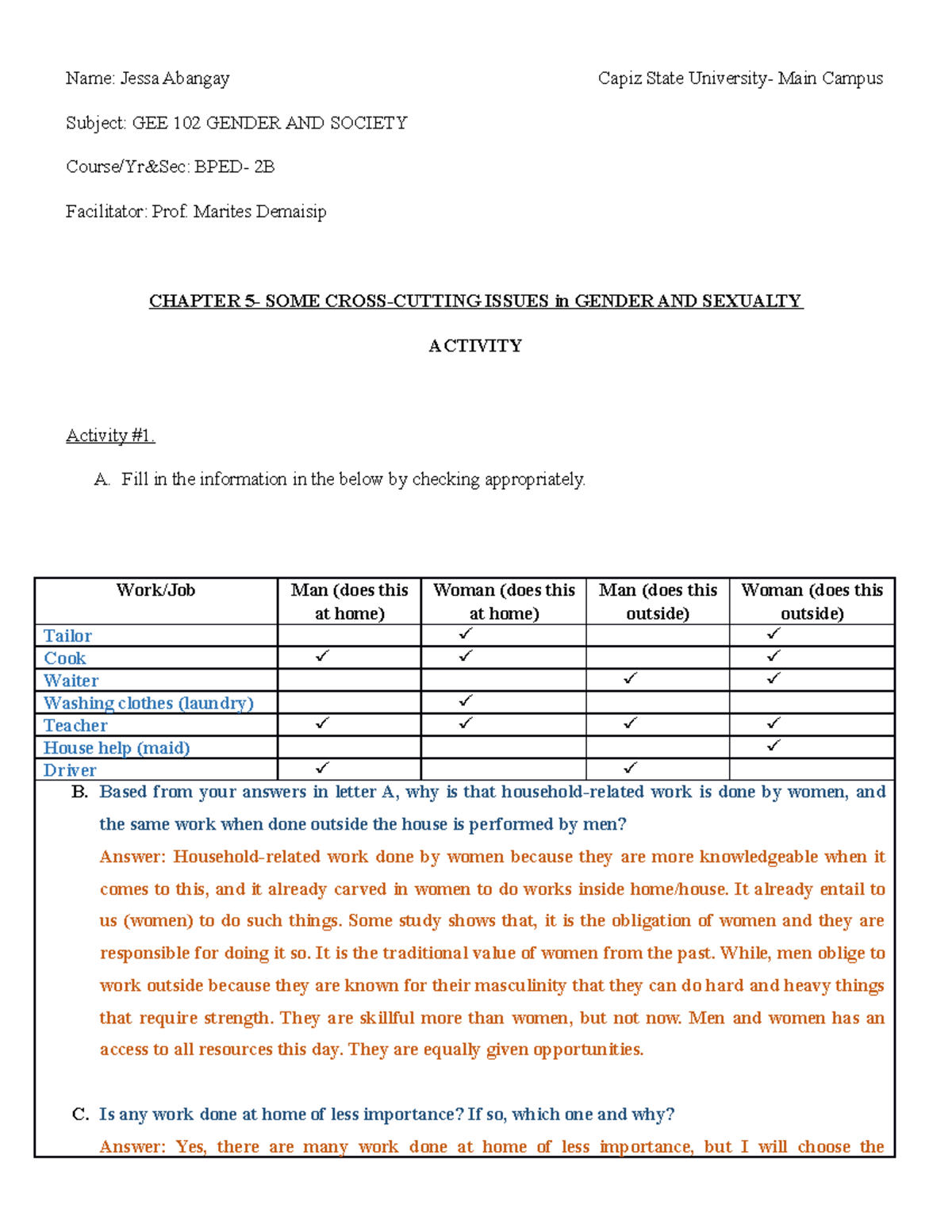 Gee 102 Answer Module 5 Gender And Society Name Jessa Abangay Capiz State University Main 0312