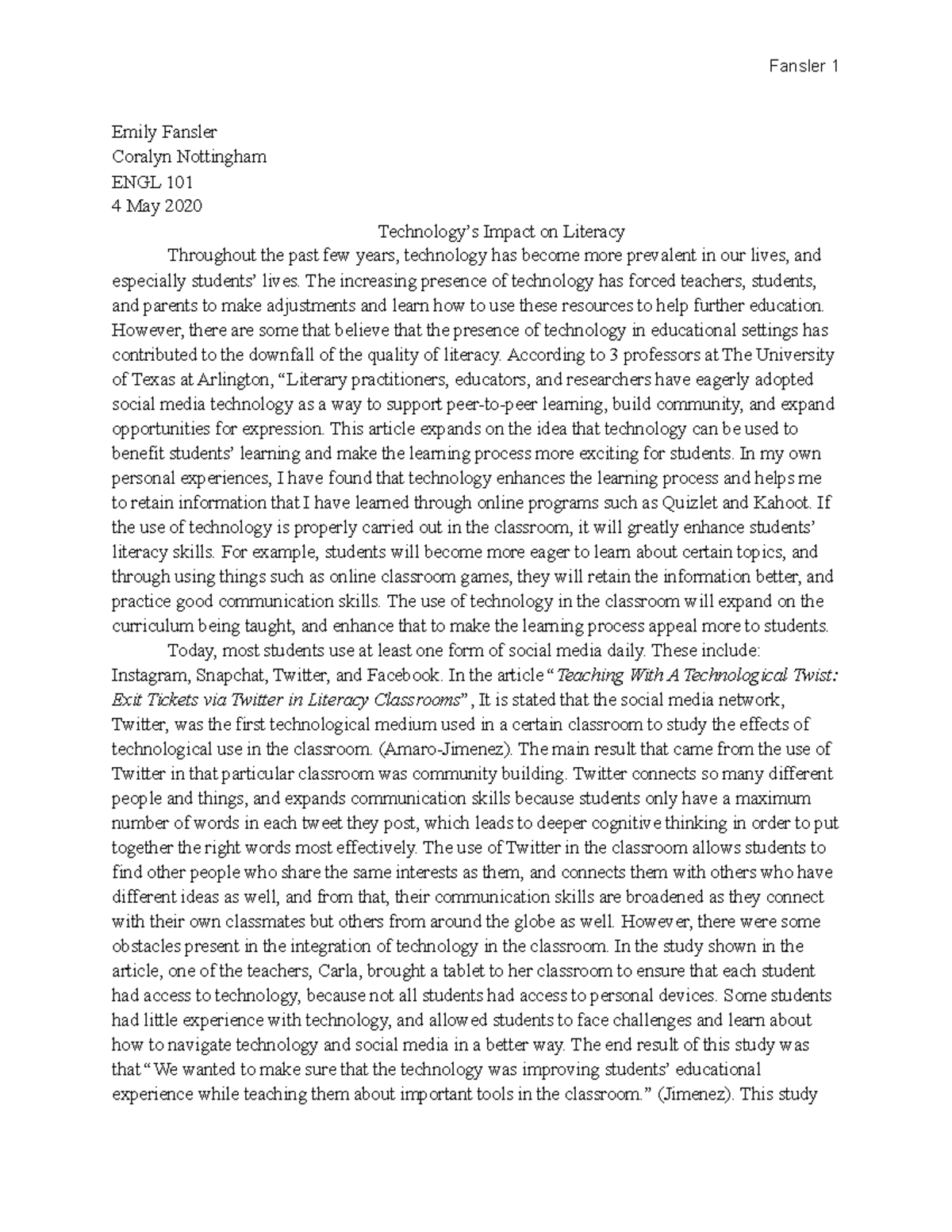 Unit 3 paper ENGL 101 - Unit 3 essay English 101 - Fansler 1 Emily ...