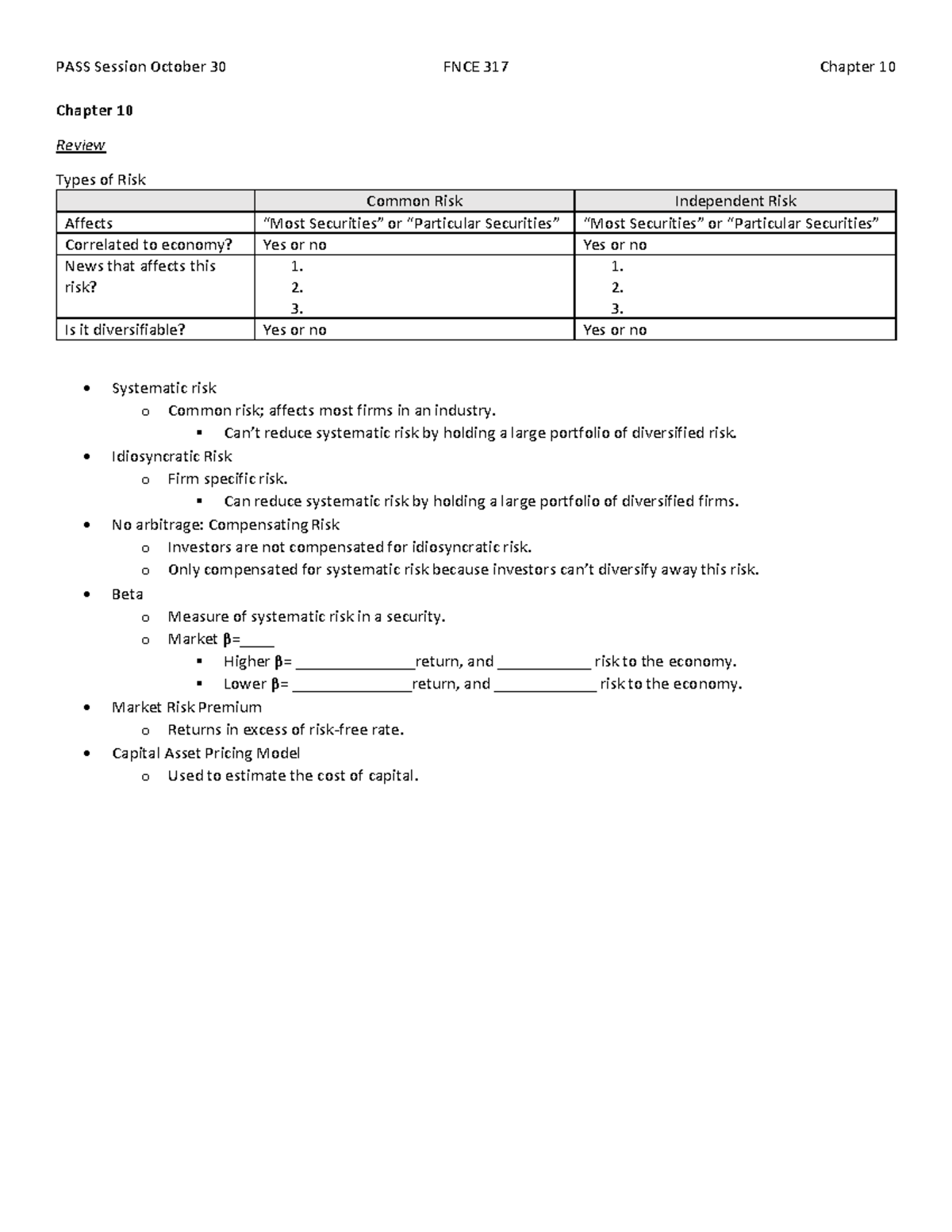 PASS Session October 30 Chapter 10 Review Types Of Risk Common Risk 