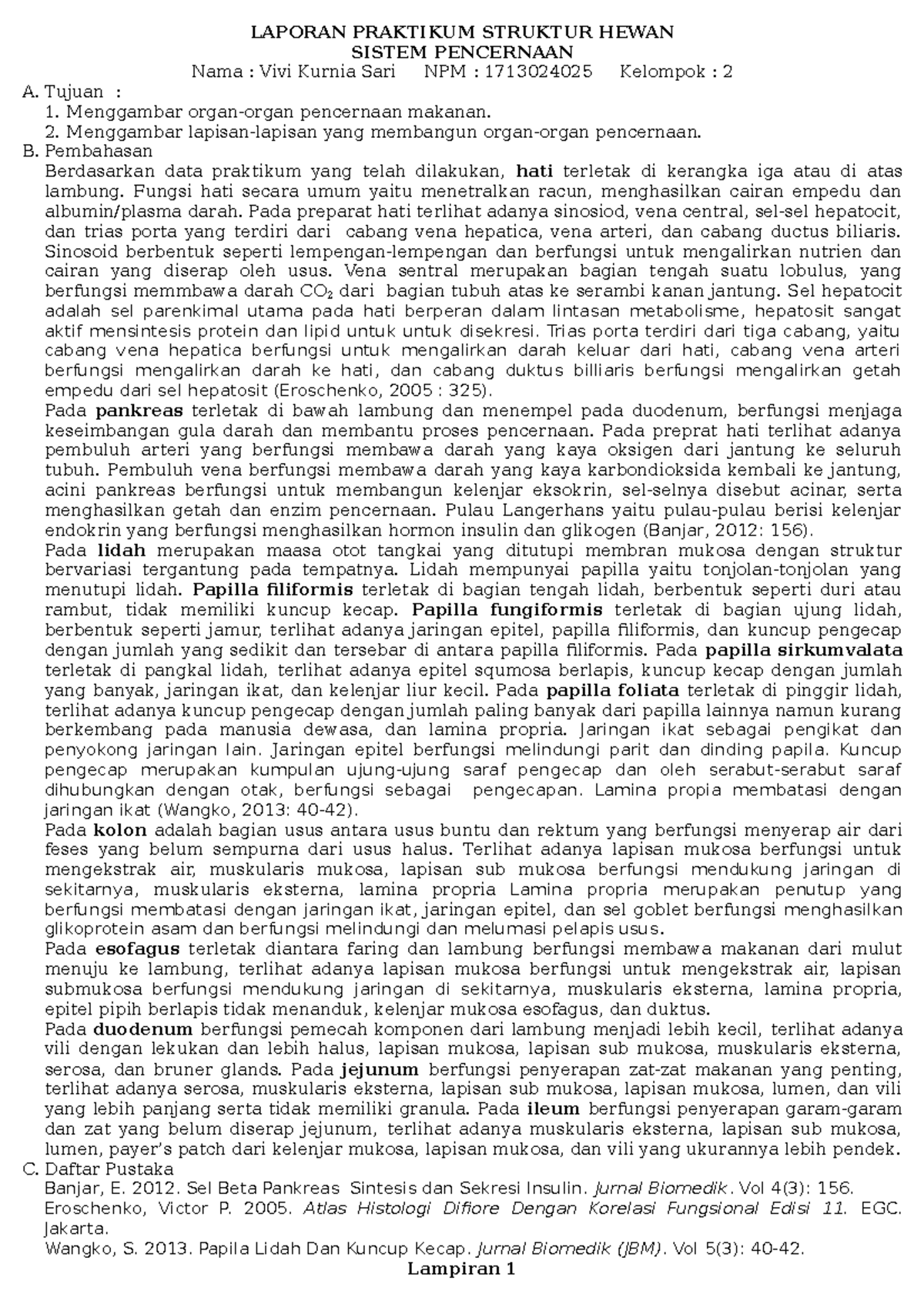 Laporan Praktikum 06 SH Pencernaan - LAPORAN PRAKTIKUM STRUKTUR HEWAN