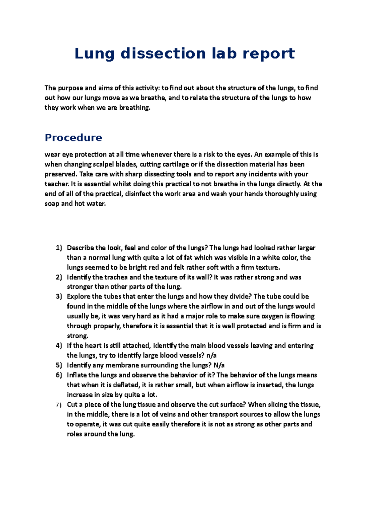 Lung dissection lab report - ME30197 - Bath - Studocu