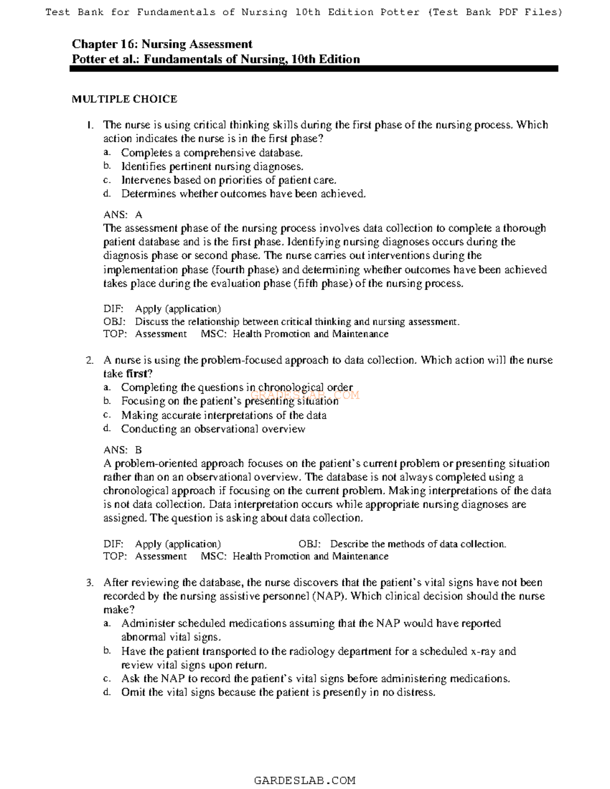 Chapter 16 Nursing assessment - G R A D E S L A B. C O M Chapter 16 ...