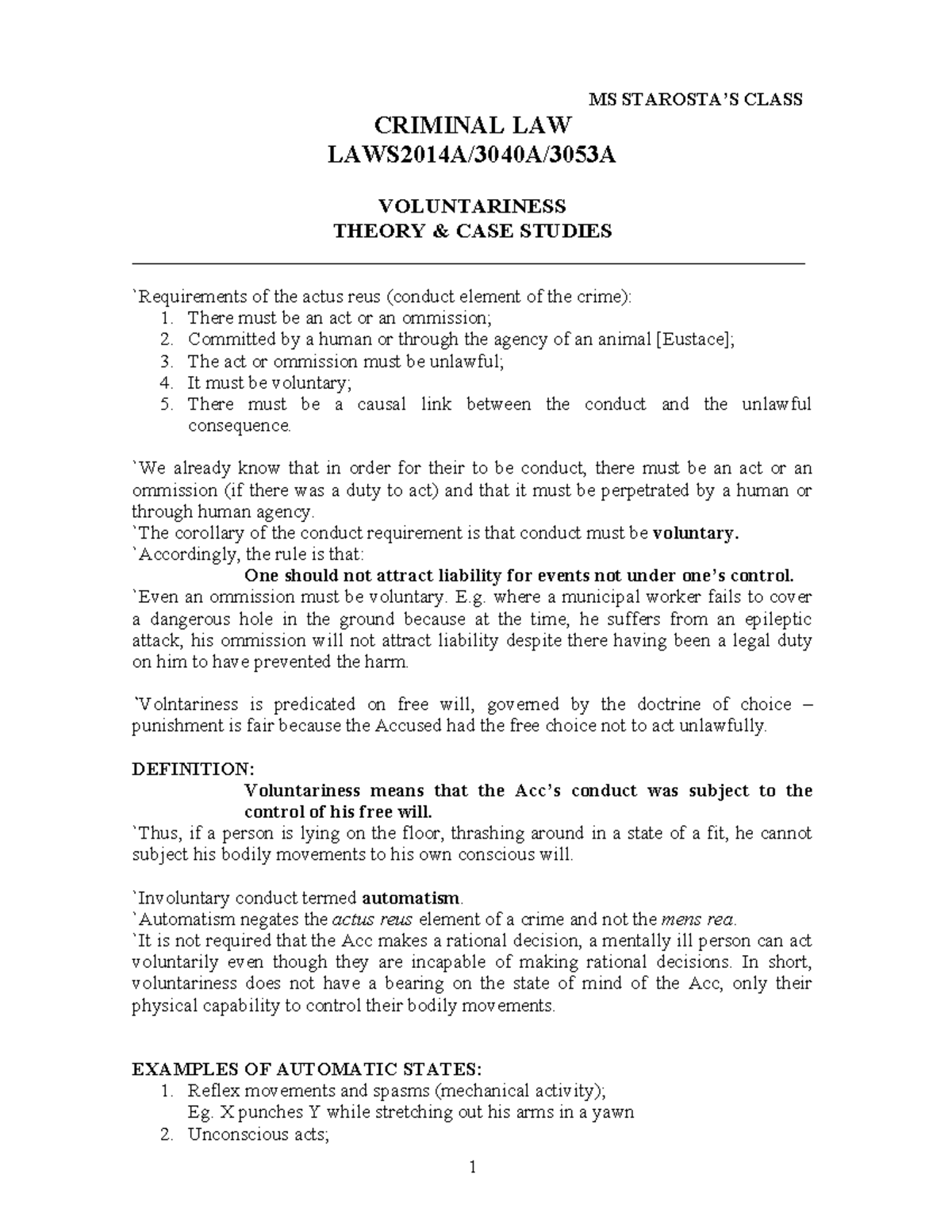 Criminal Law Voluntariness and Antecedent Liability Notes - MS STAROSTA ...