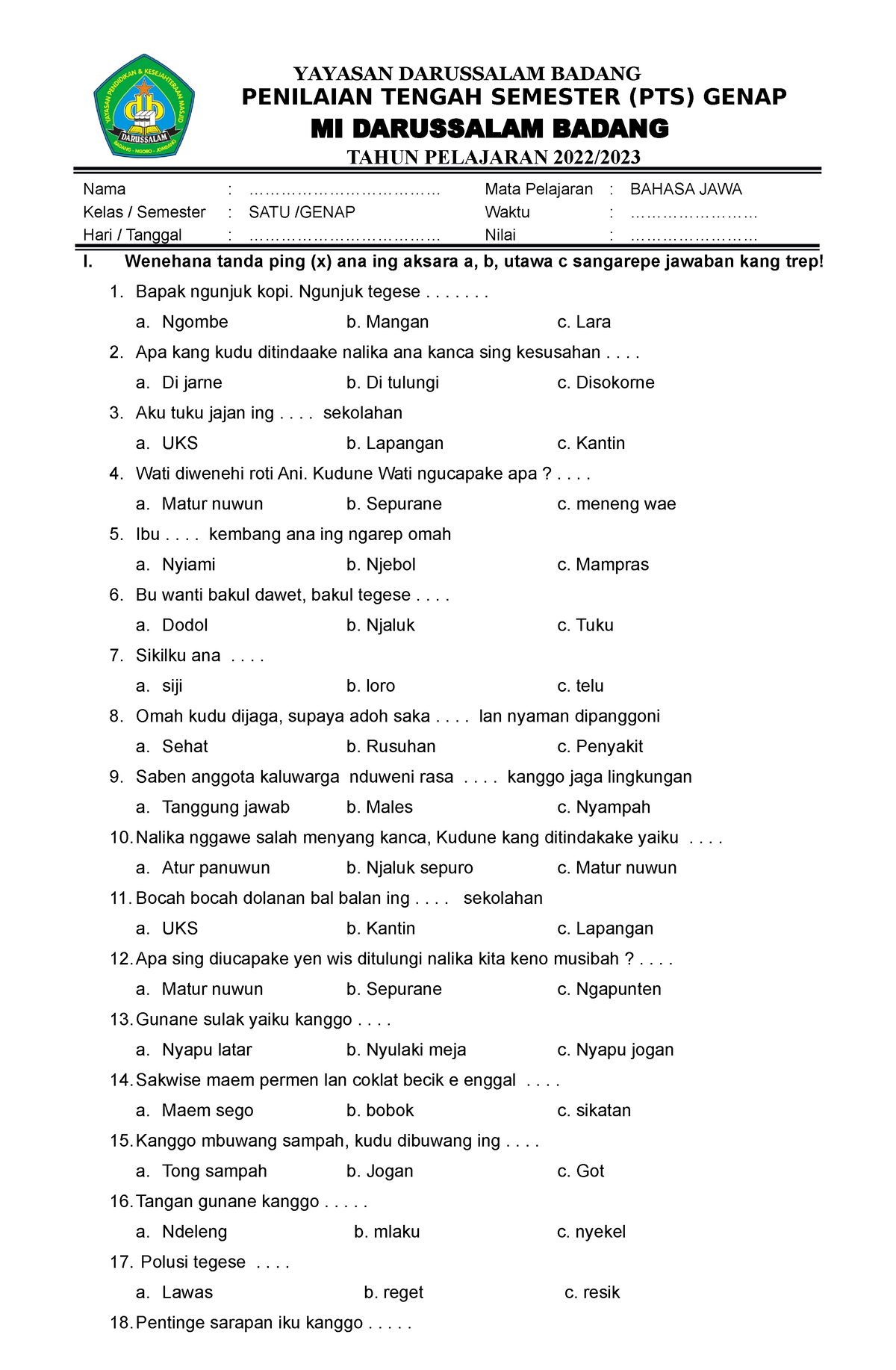 SOAL PTS B.JAWA Genap 2023 - YAYASAN DARUSSALAM BADANG PENILAIAN TENGAH ...