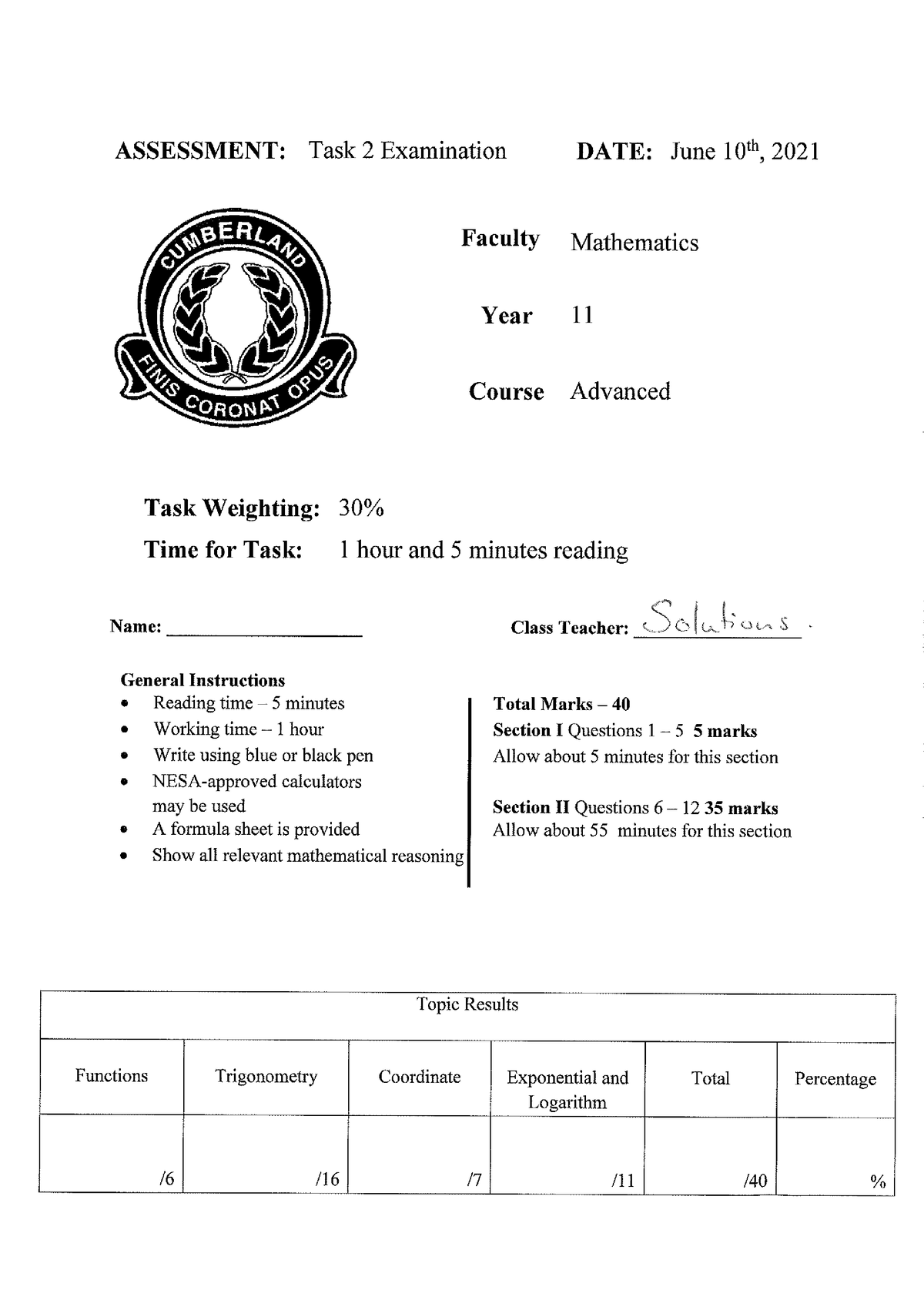 Year 11 Task 2 Solutions 2021 - Studocu