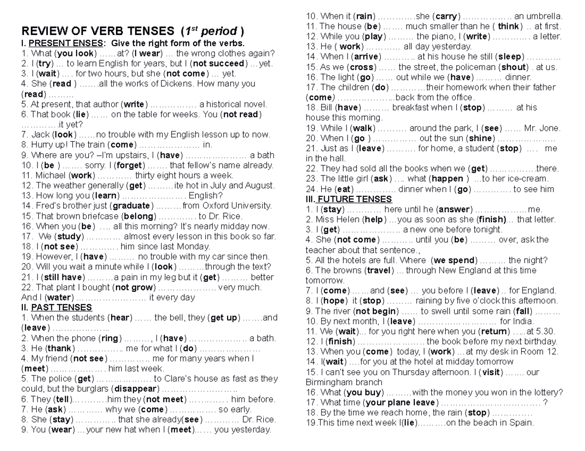 Bai tap verb tenses bai tap tieng anh REVIEW OF VERB TENSES ( 1 st