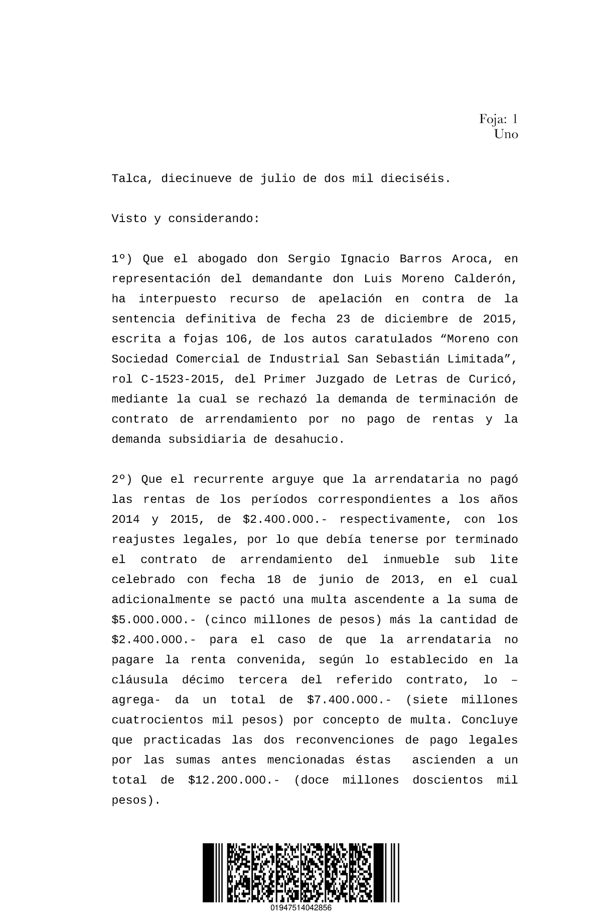 Sentencia Corte Talca - Foja: 1 Uno Talca, Diecinueve De Julio De Dos ...