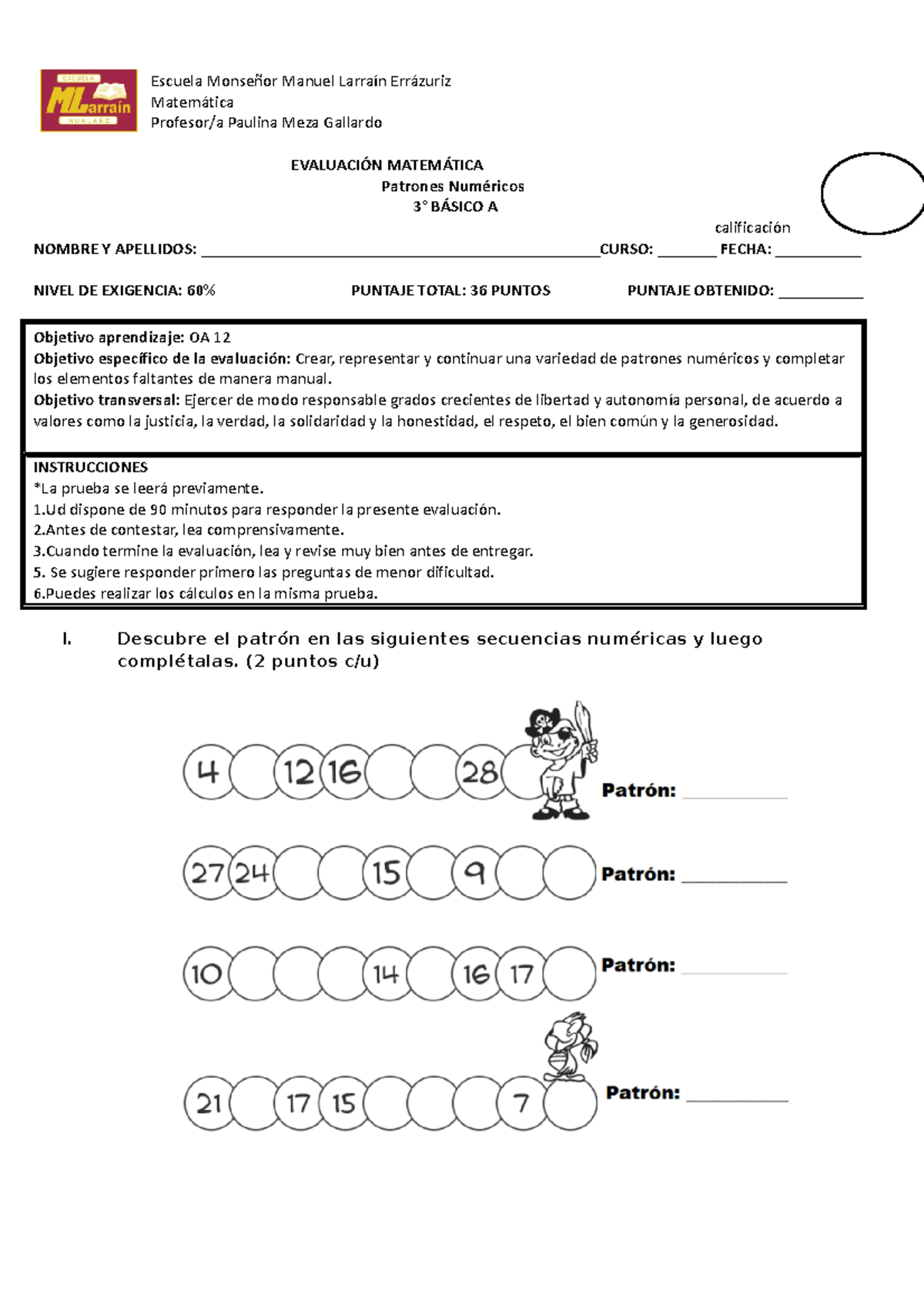 Control Patrones 3° Basico - Escuela Monseñor Manuel Larraín Errázuriz ...