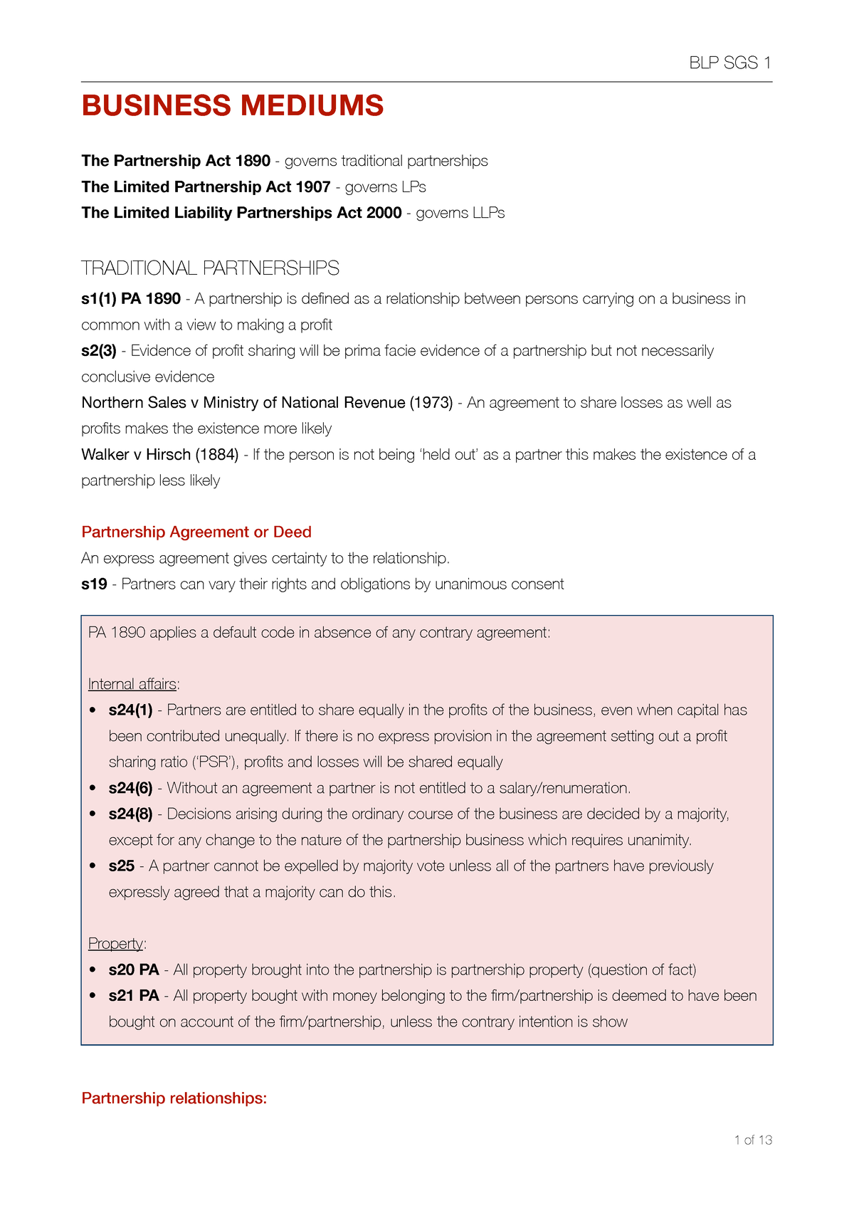 BLP MOCK Revision SGS 1-11 - BUSINESS MEDIUMS The Partnership Act 1890 ...