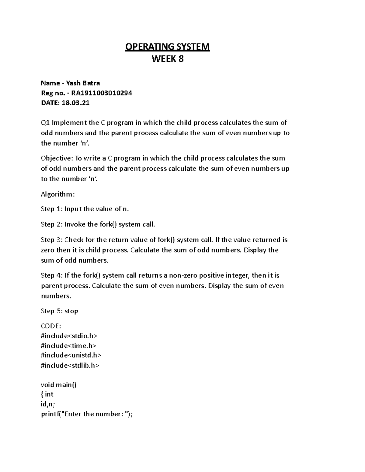 OS WEEK 8 299 - It includes the assignment of 'OPERATING SYSTEM' along ...