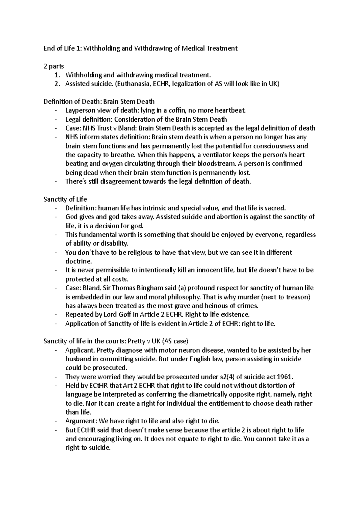 End of Life 1 - Lecture notes - End of Life 1: Withholding and ...