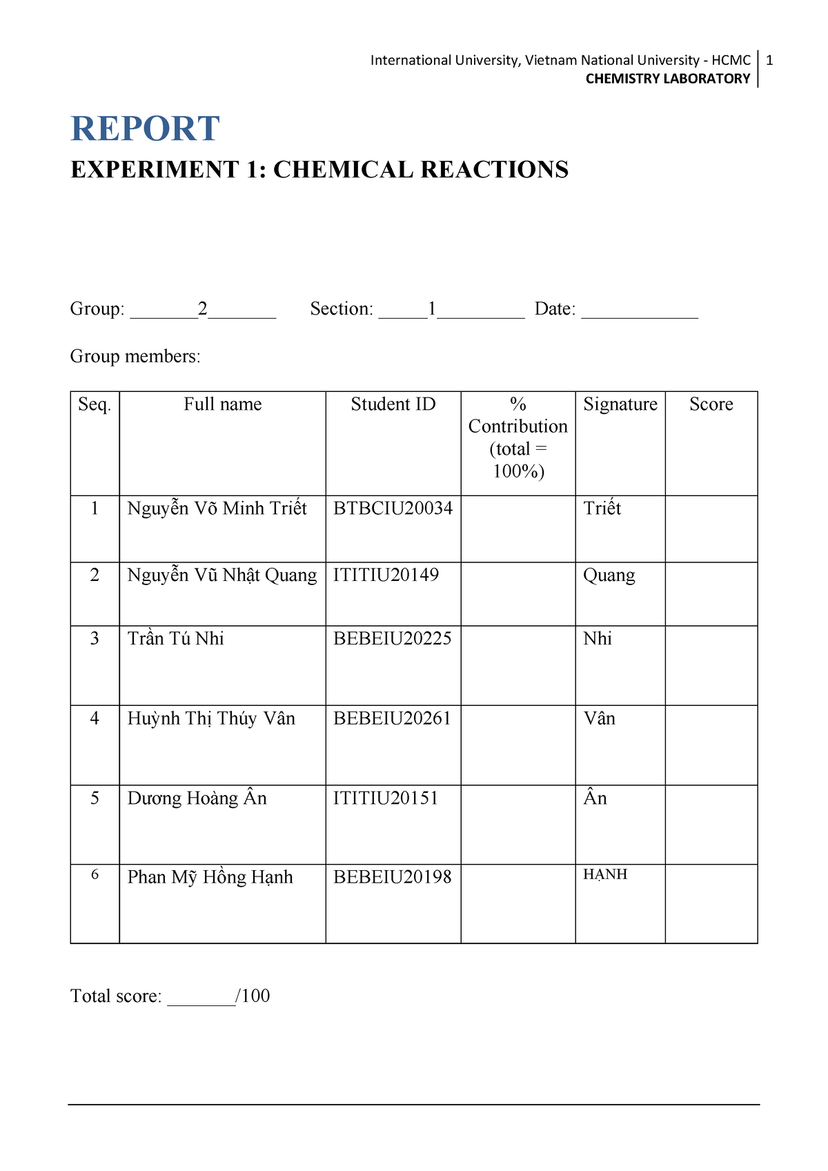 ;AB REPORT EXPERIMENT 1: CHEMICAL REACTIONS - Chemistry Laboratory ...