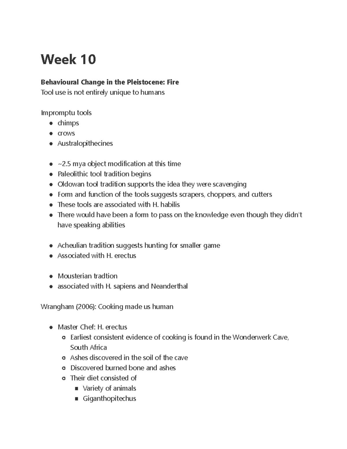 Week 10 - Week 10 Notes - Week 10 Behavioural Change in the Pleistocene ...