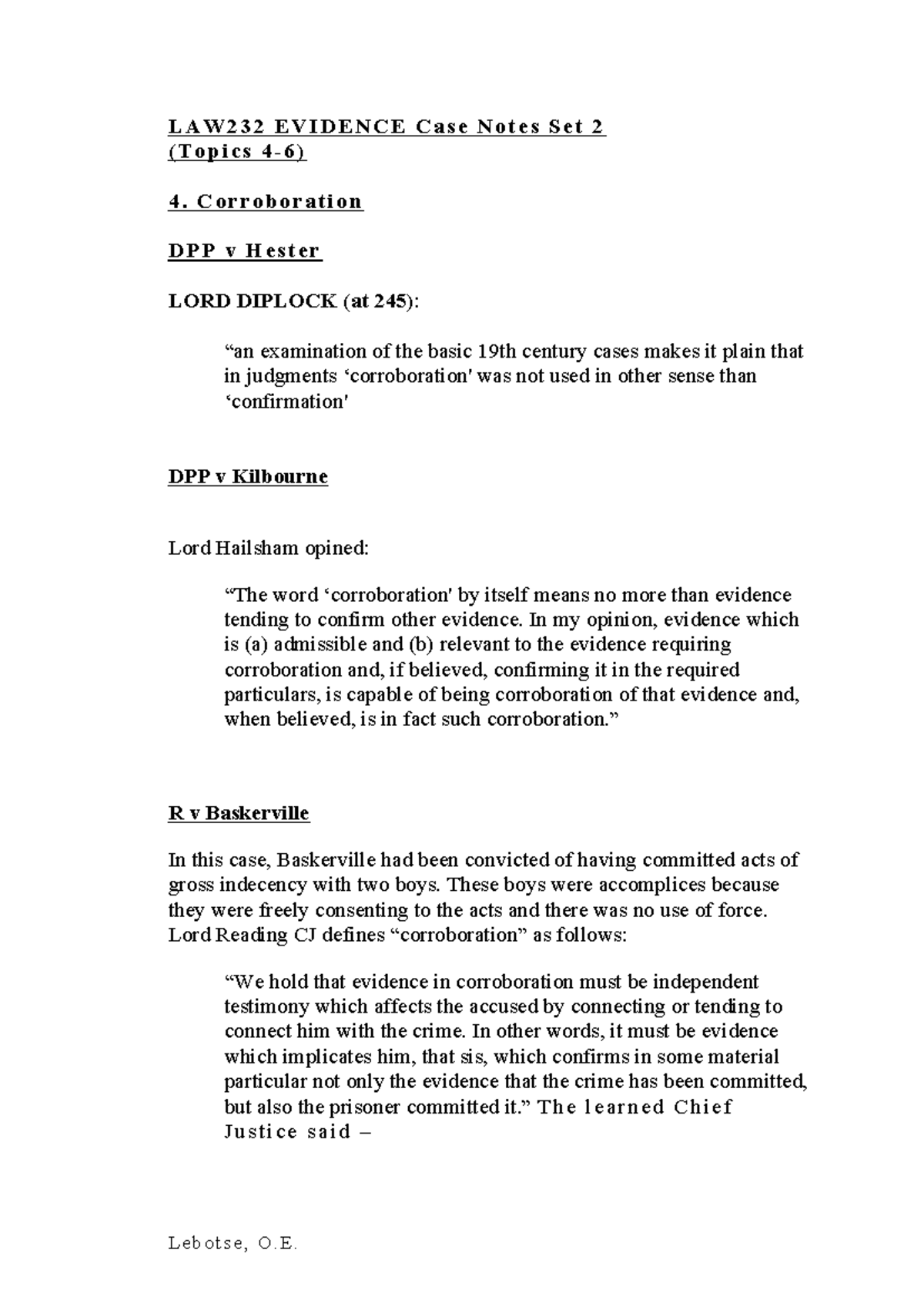 LAW332 Evidence Case Notes Set 2 (Topics 3-6) - L A W 2 3 2 E V I D E N ...