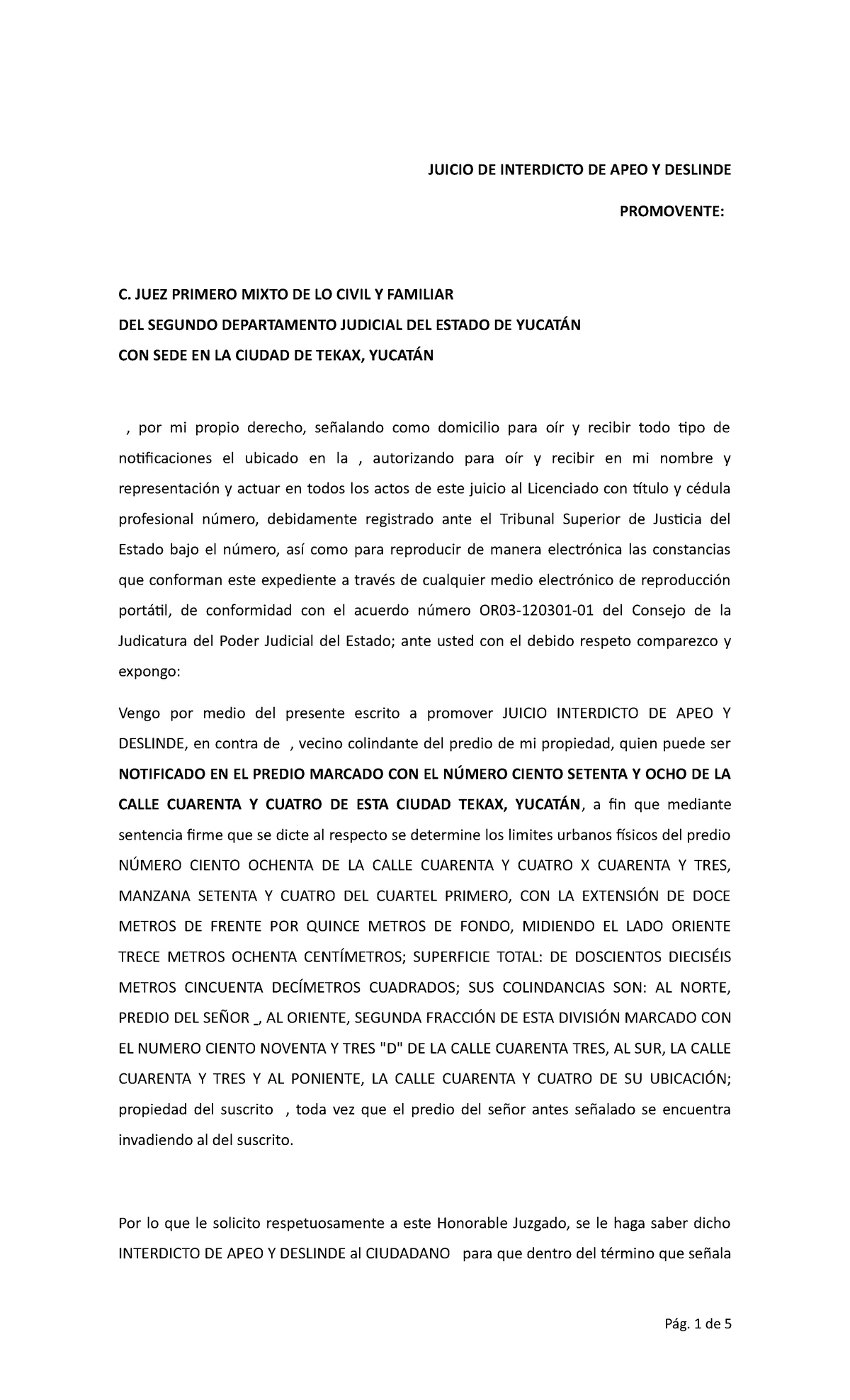 Demanda Apeo Y Deslinde Juicio De Interdicto De Apeo Y Deslinde Promovente C Juez Primero 3270