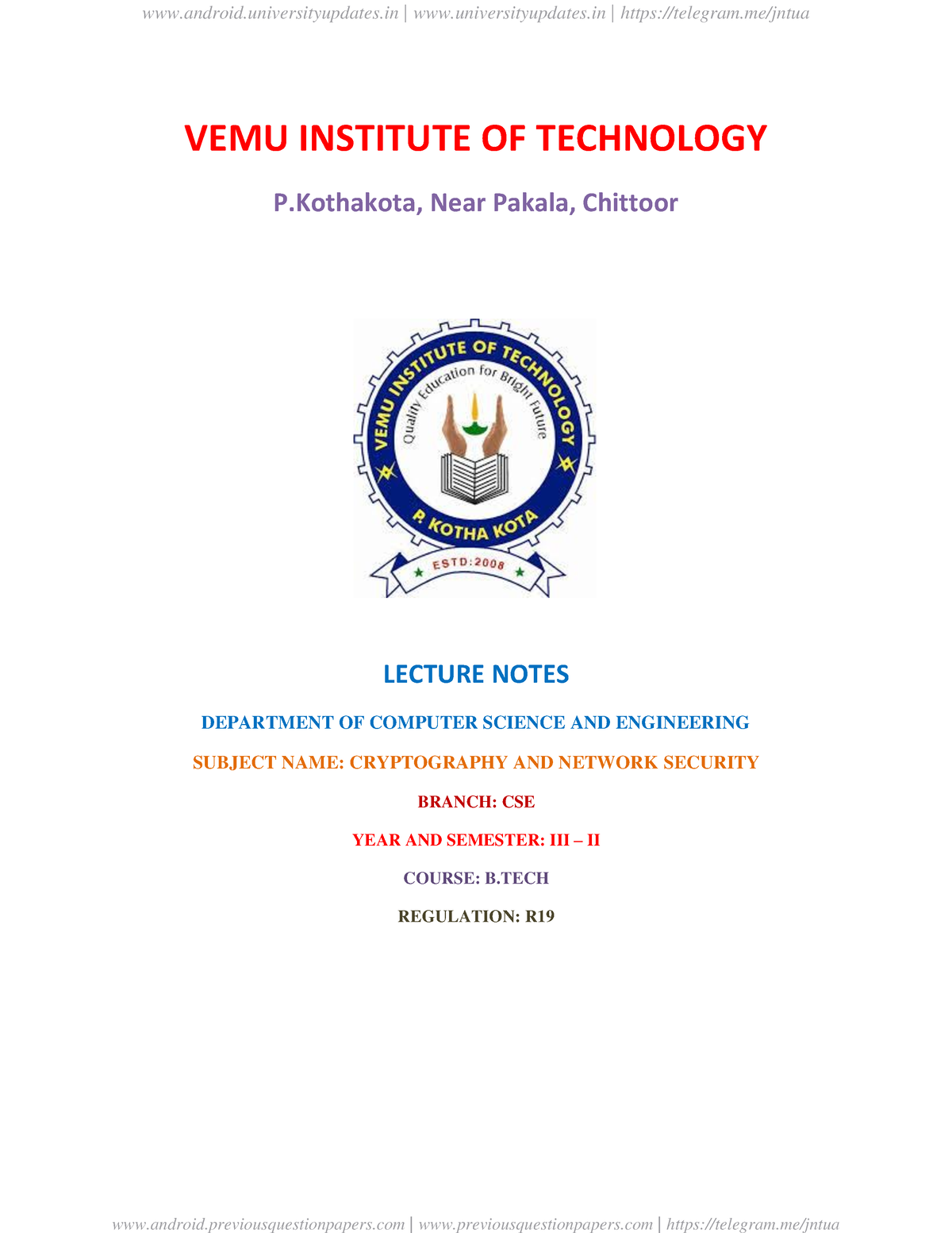 Jntua Cryptography & Network Security Notes - R19 - VEMU INSTITUTE OF ...