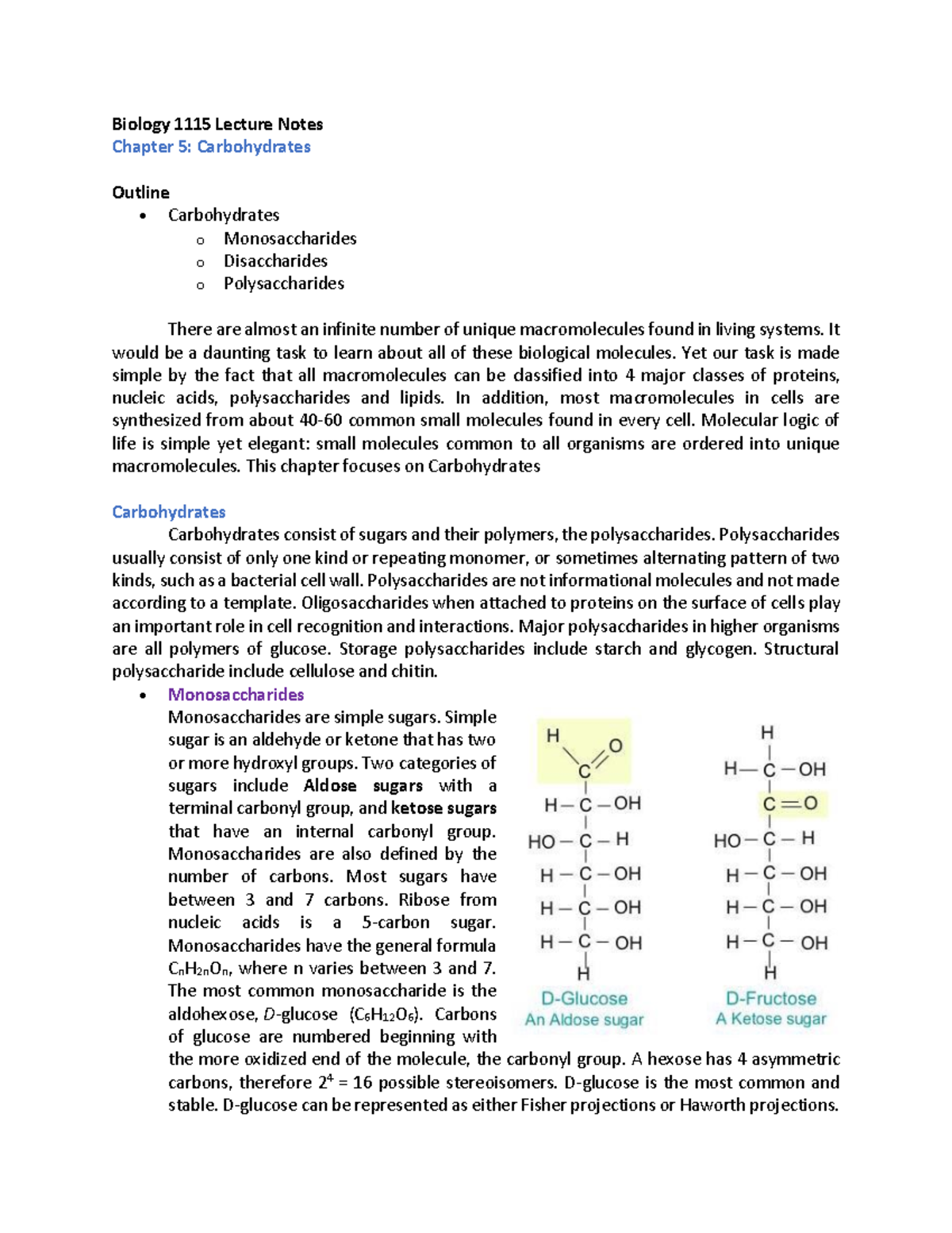 Biol1115 Chapter 5 Carbohydrates Study Notes - Biology 1115 Lecture ...