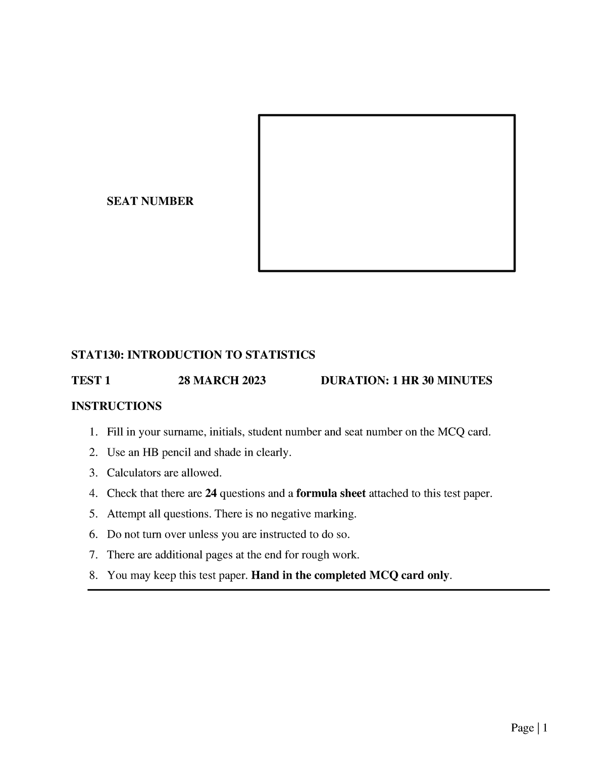 Test 1 - Test 1 2023 Stat 130 - SEAT NUMBER STAT130: INTRODUCTION TO ...