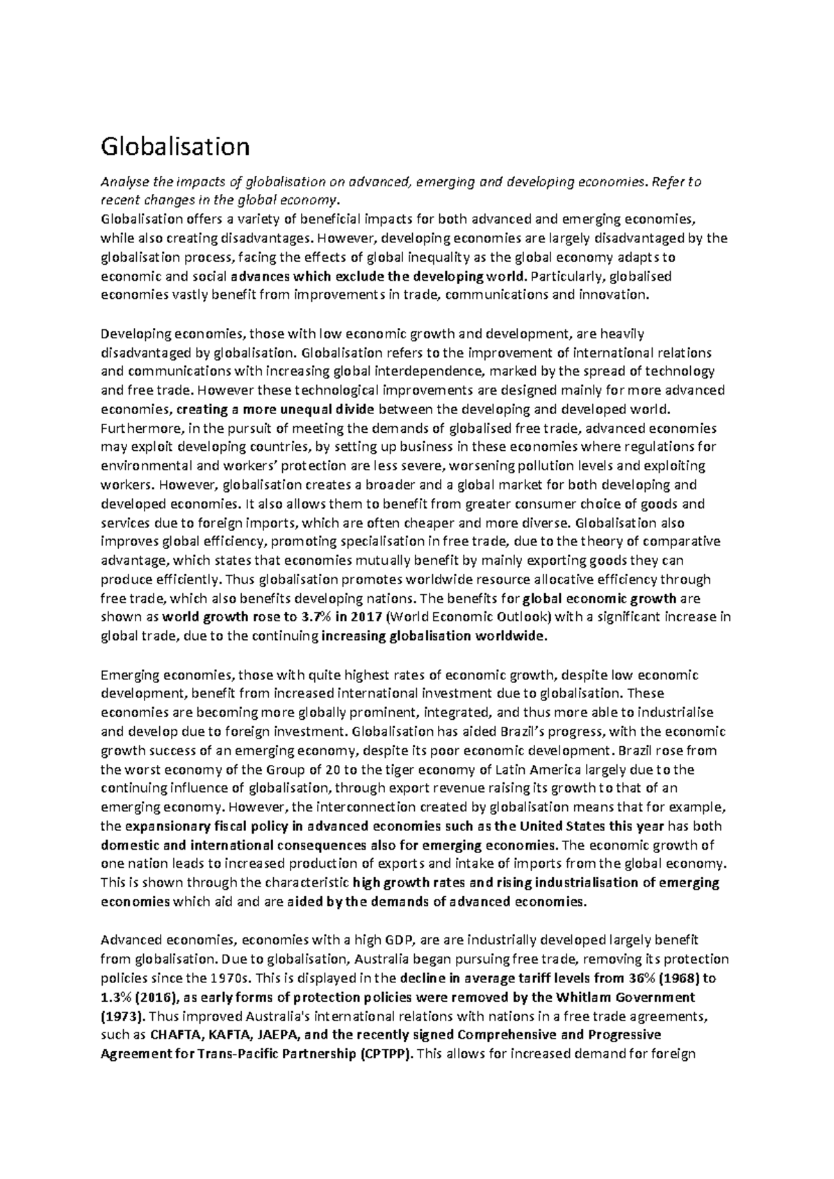 Essay plans (Range of topics) Globalisation Analyse the impacts of