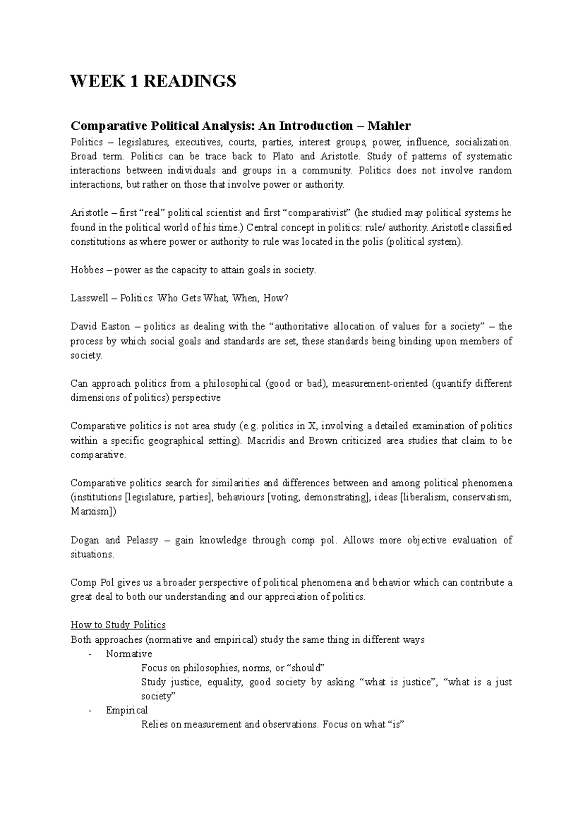 Intro to Politics - WEEK 1 READINGS Comparative Political Analysis: An ...