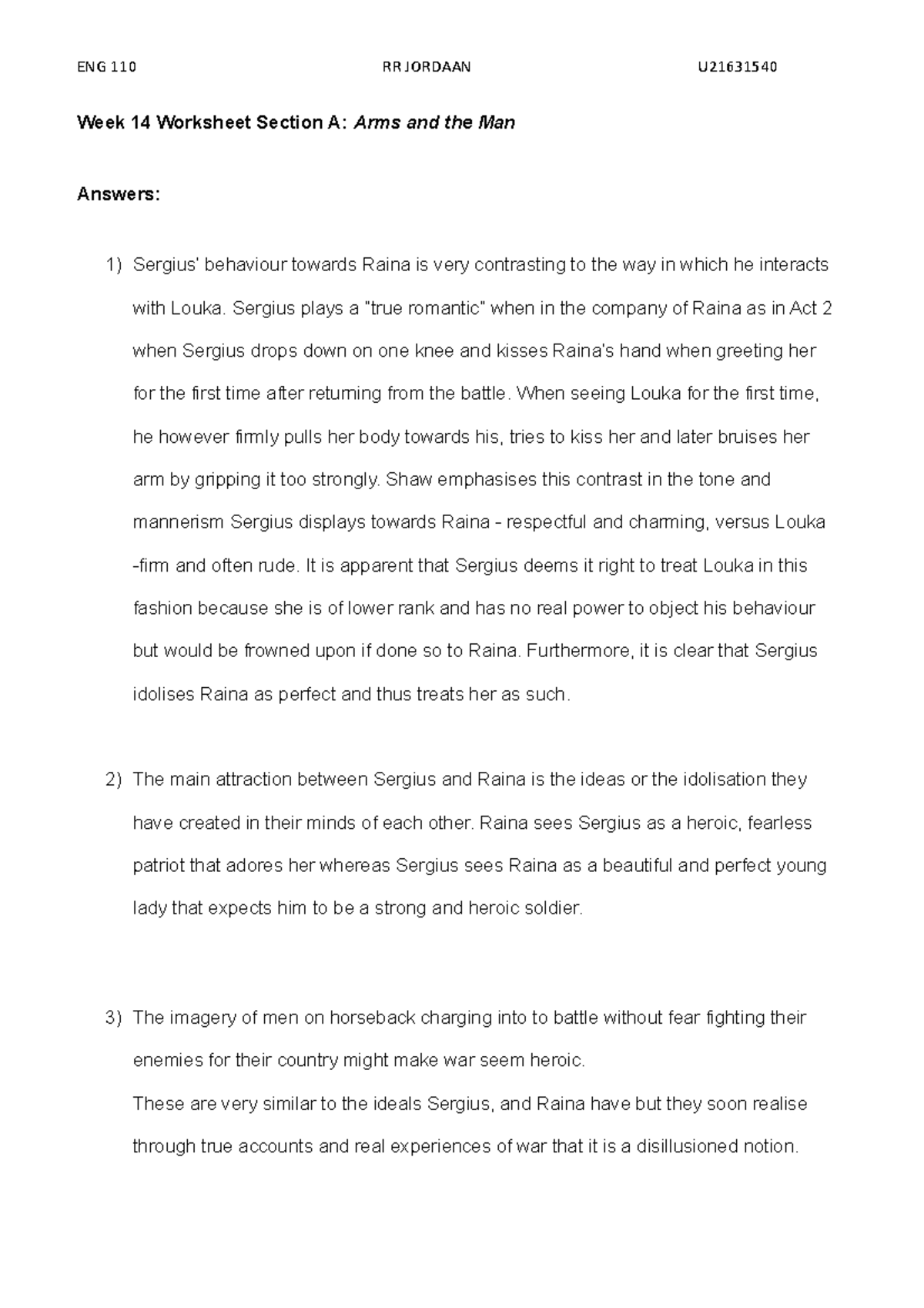 Worksheet 14 Section A Shaws Arms and the Man Week 14 Worksheet