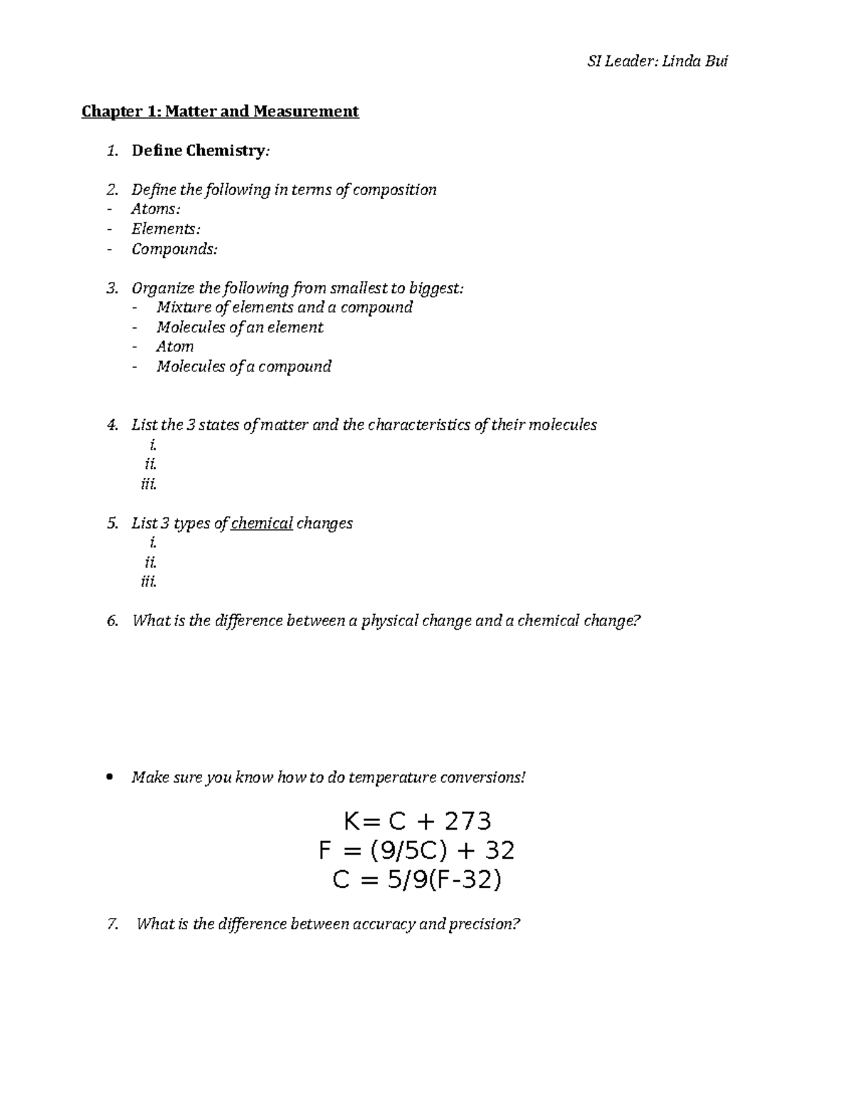 CH1 Worksheet Answers SI Leader Linda Bui Chapter 1 Matter and Measurement Define Chemistry