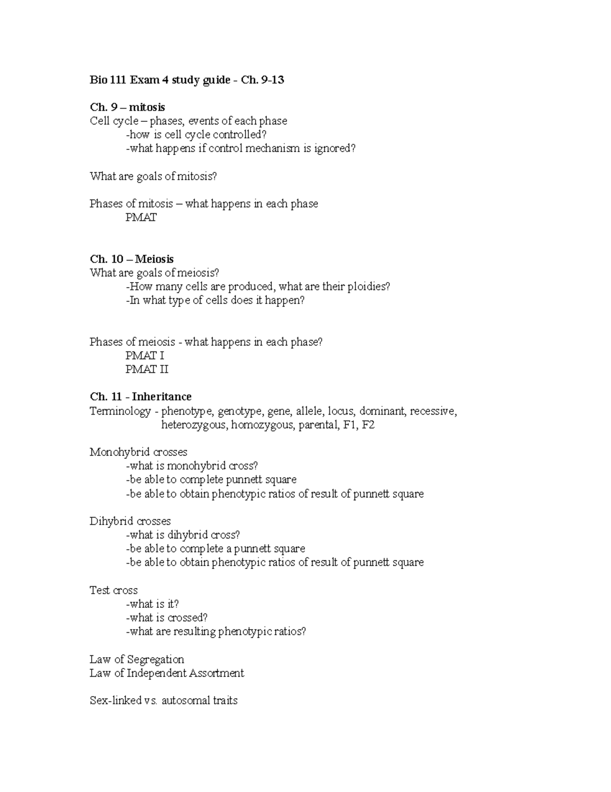 Bio 111 Exam 4 Study Guide - Bio 111 Exam 4 Study Guide - Ch. 9- Ch. 9 ...