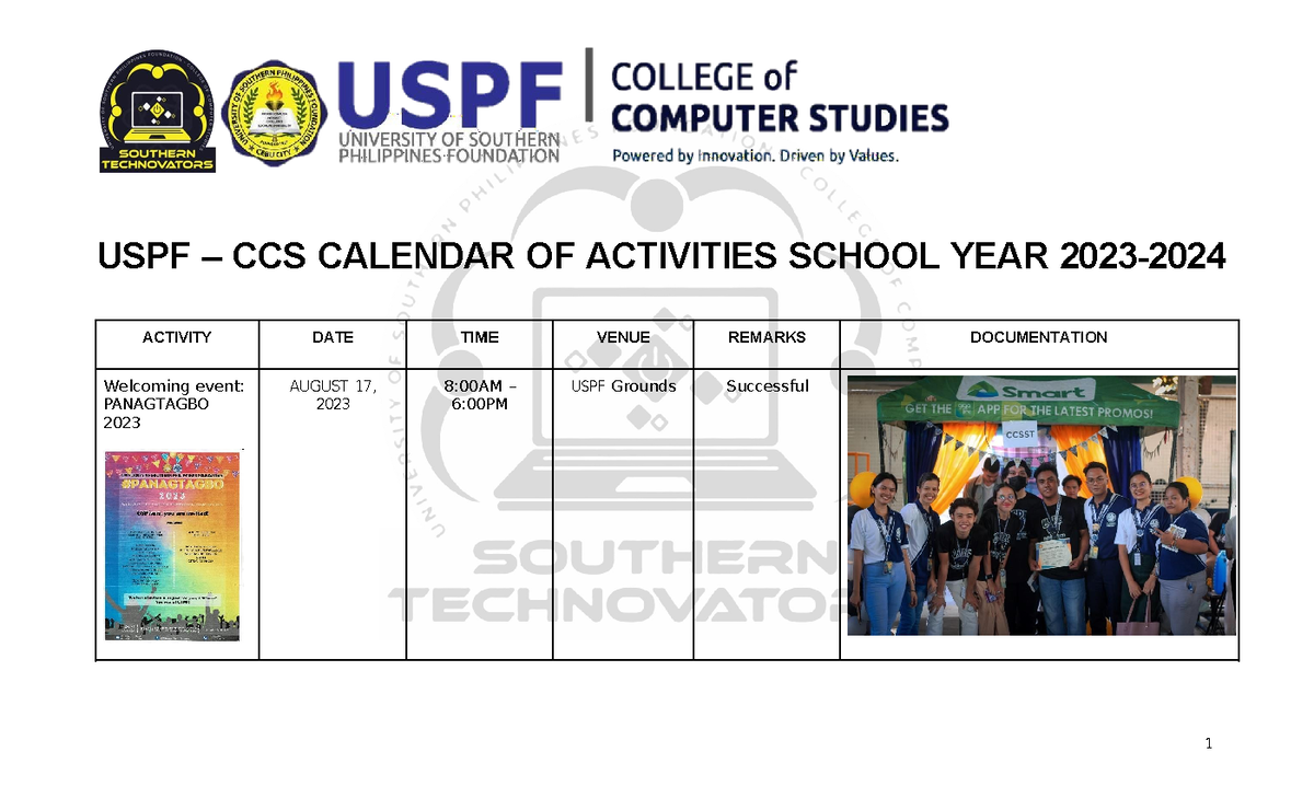 3 Calendar OF Activities PAGE 7 Updates USPF CCS CALENDAR OF