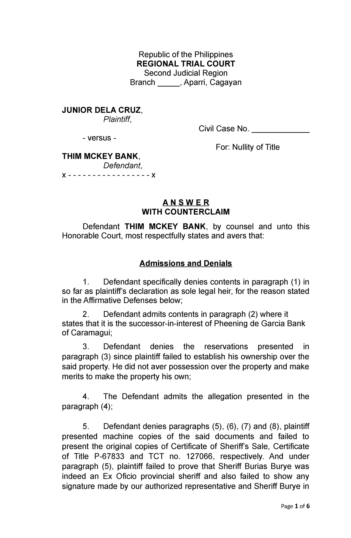 Answer to Complaint Declaration Nullity of TCT final for approval ...