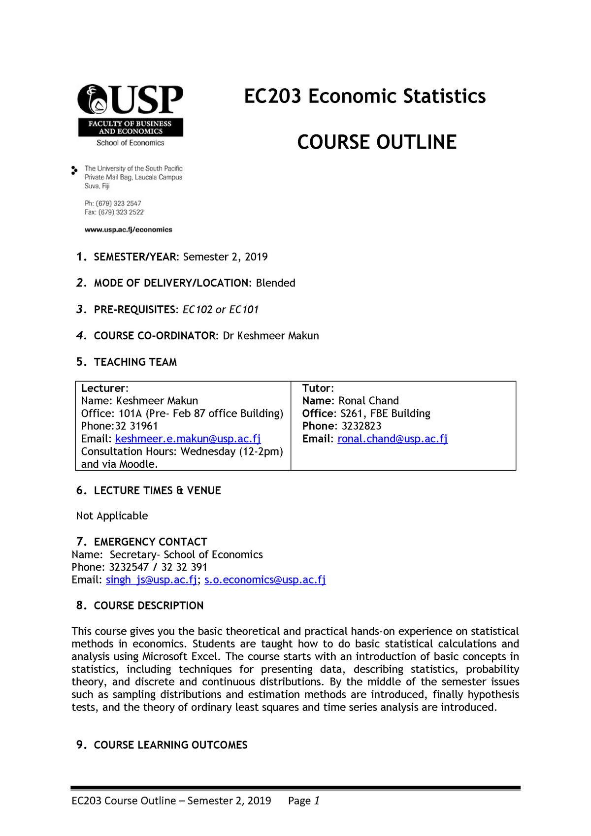 EC203 S2 2019 Course Outline - Blended - EC203 Economic Statistics ...