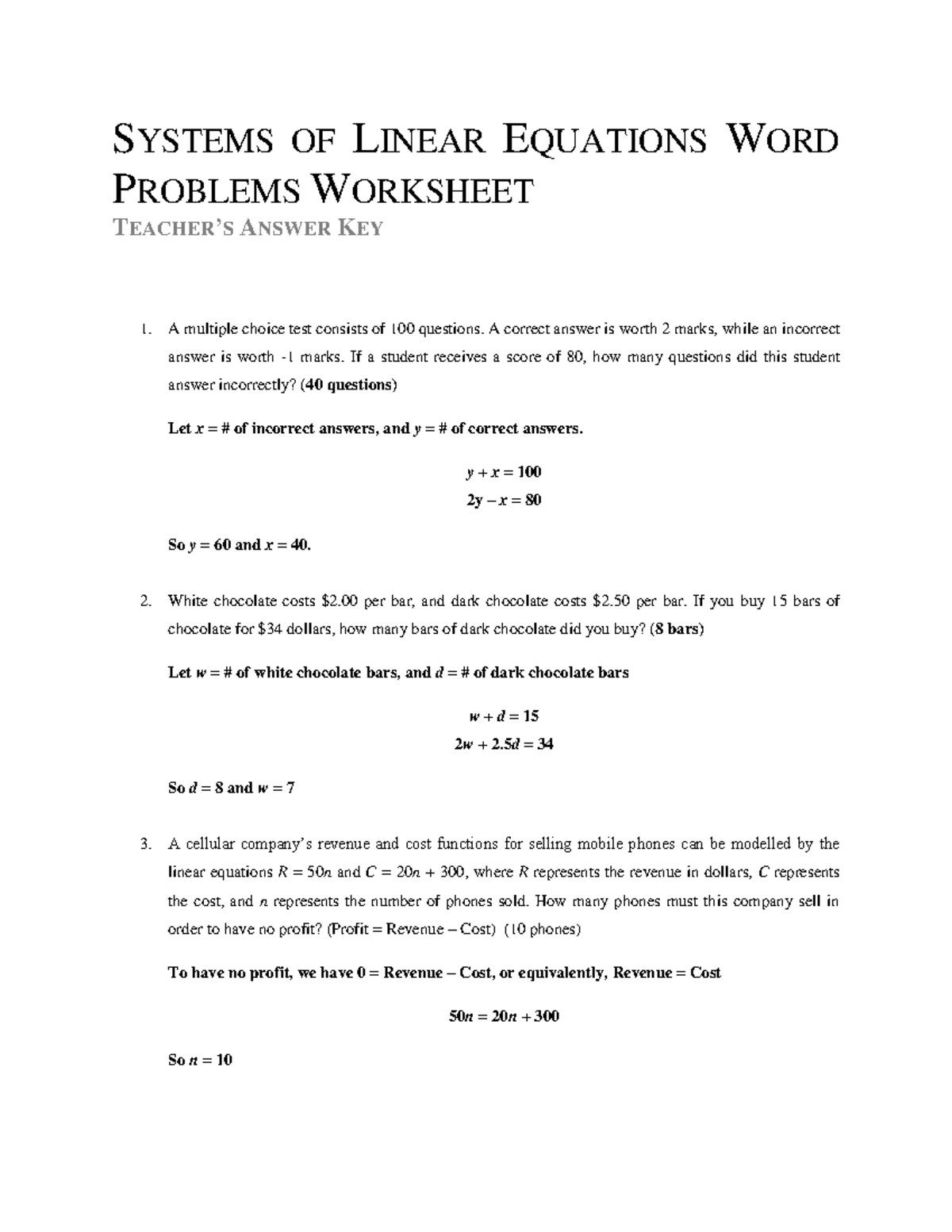 Systems of linear equations word problems worksheet answers SYSTEMS