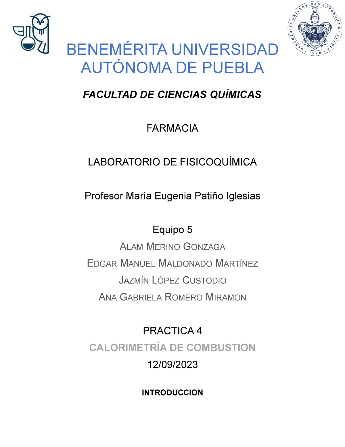 Reporte 4 Fisicoquimica BenemÉrita Universidad AutÓnoma De Puebla Facultad De Ciencias 4182