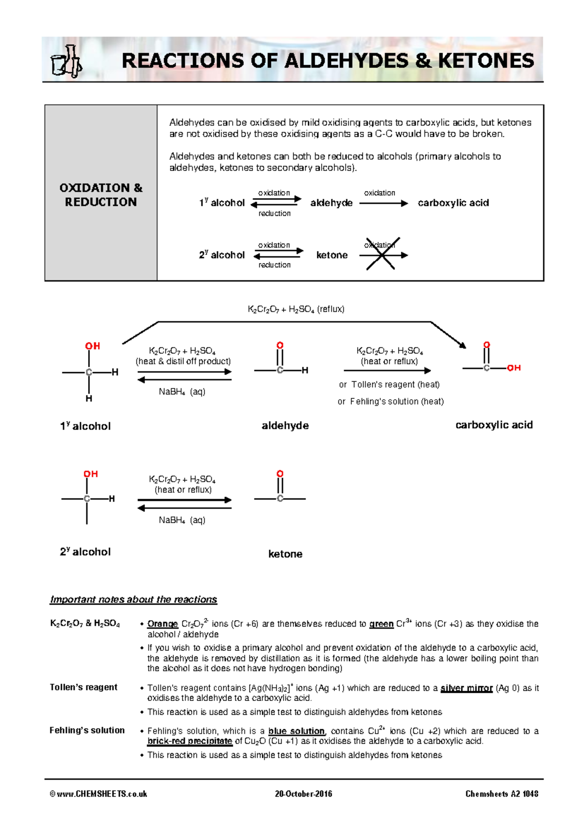 Chemsheets A2 1048 Reactions Of Aldehydes And Ketones - OXIDATION ...