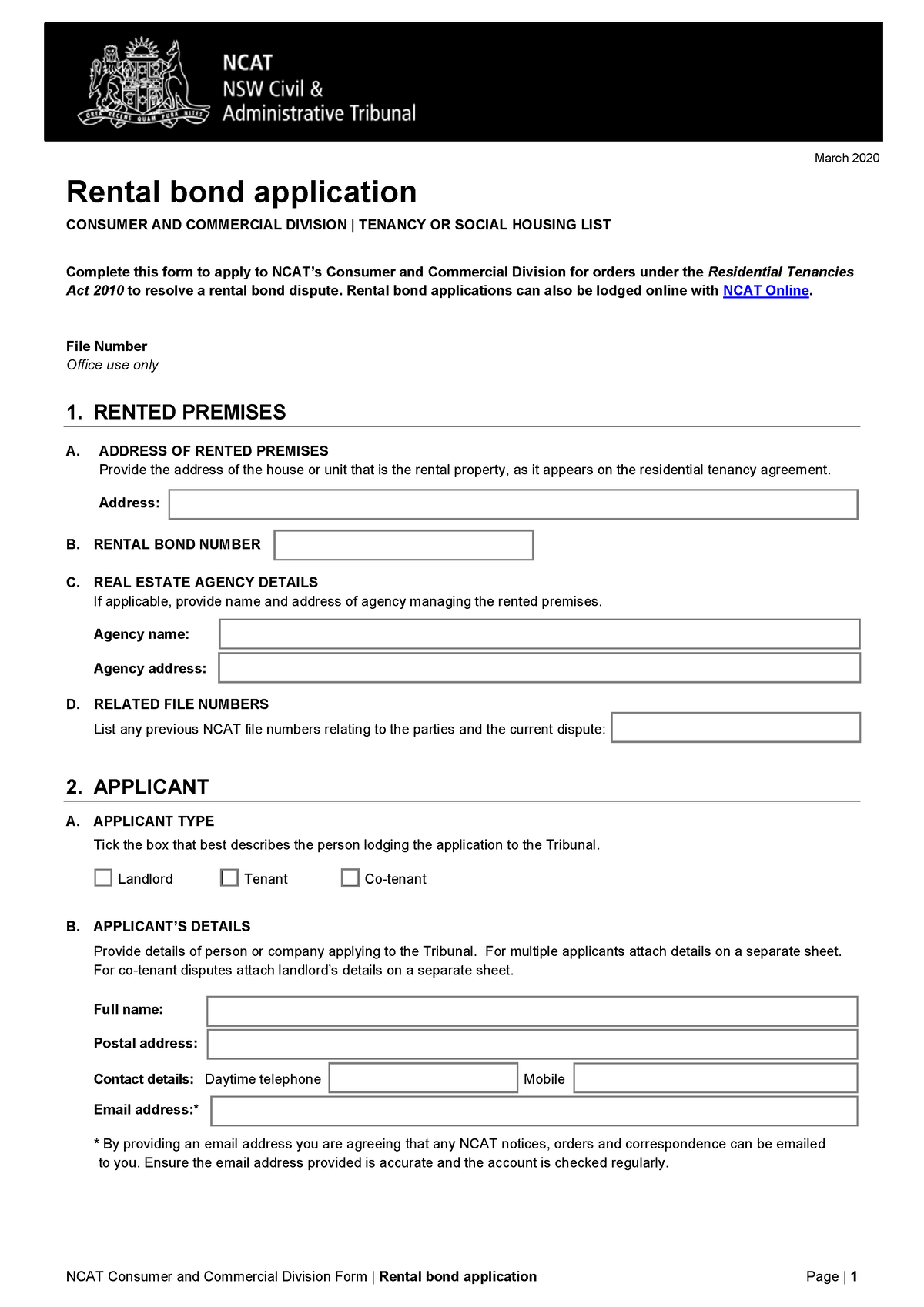 Ccd form rental bond application NCAT Consumer and Commercial