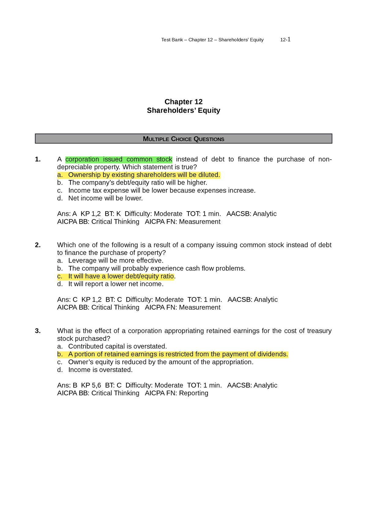 Ch12 2 - Chapter 12 - Test Bank – Chapter 12 – Shareholders’ Equity 12 ...