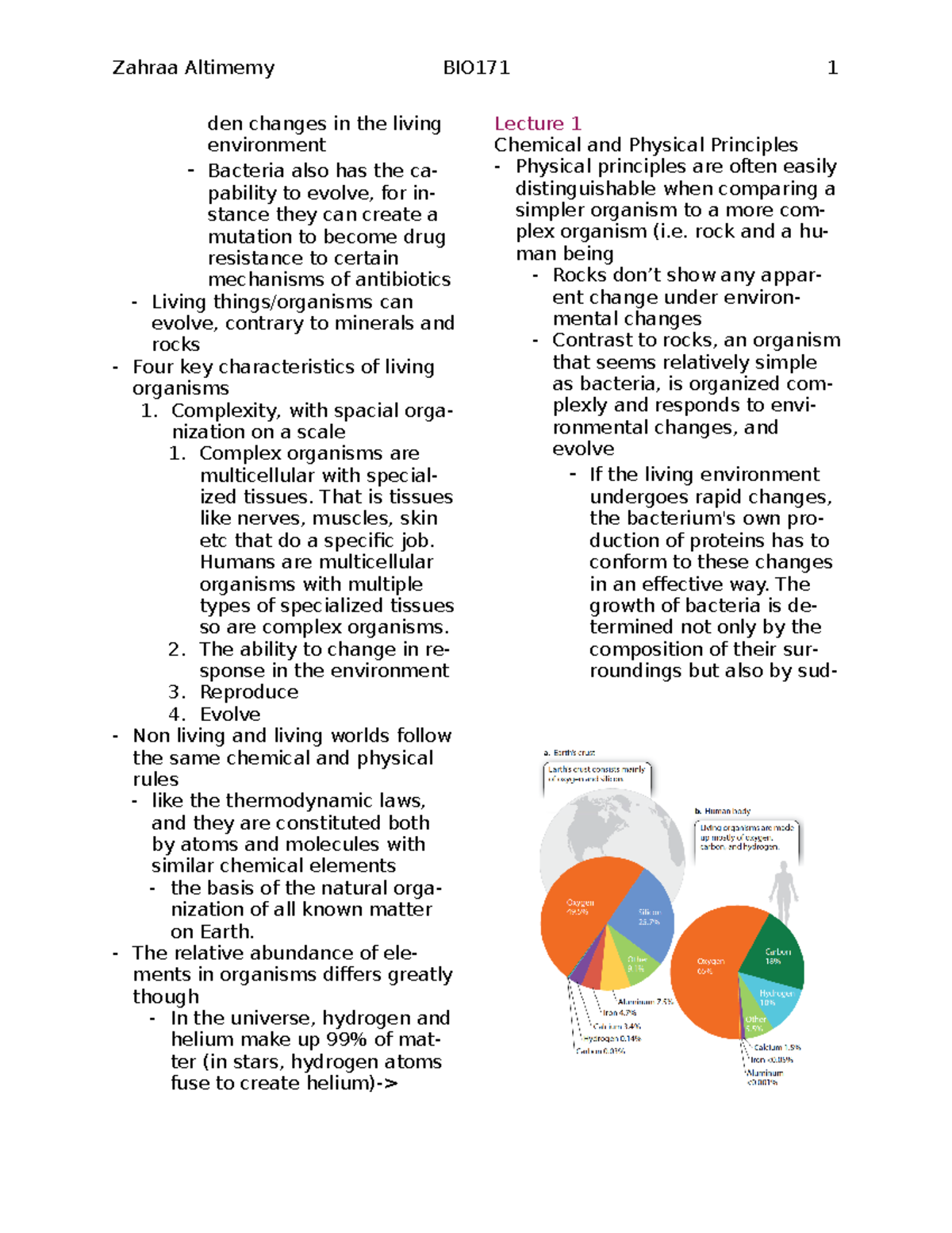BIO 171 Lecture 1 Review - Lecture 1 Chemical And Physical Principles ...
