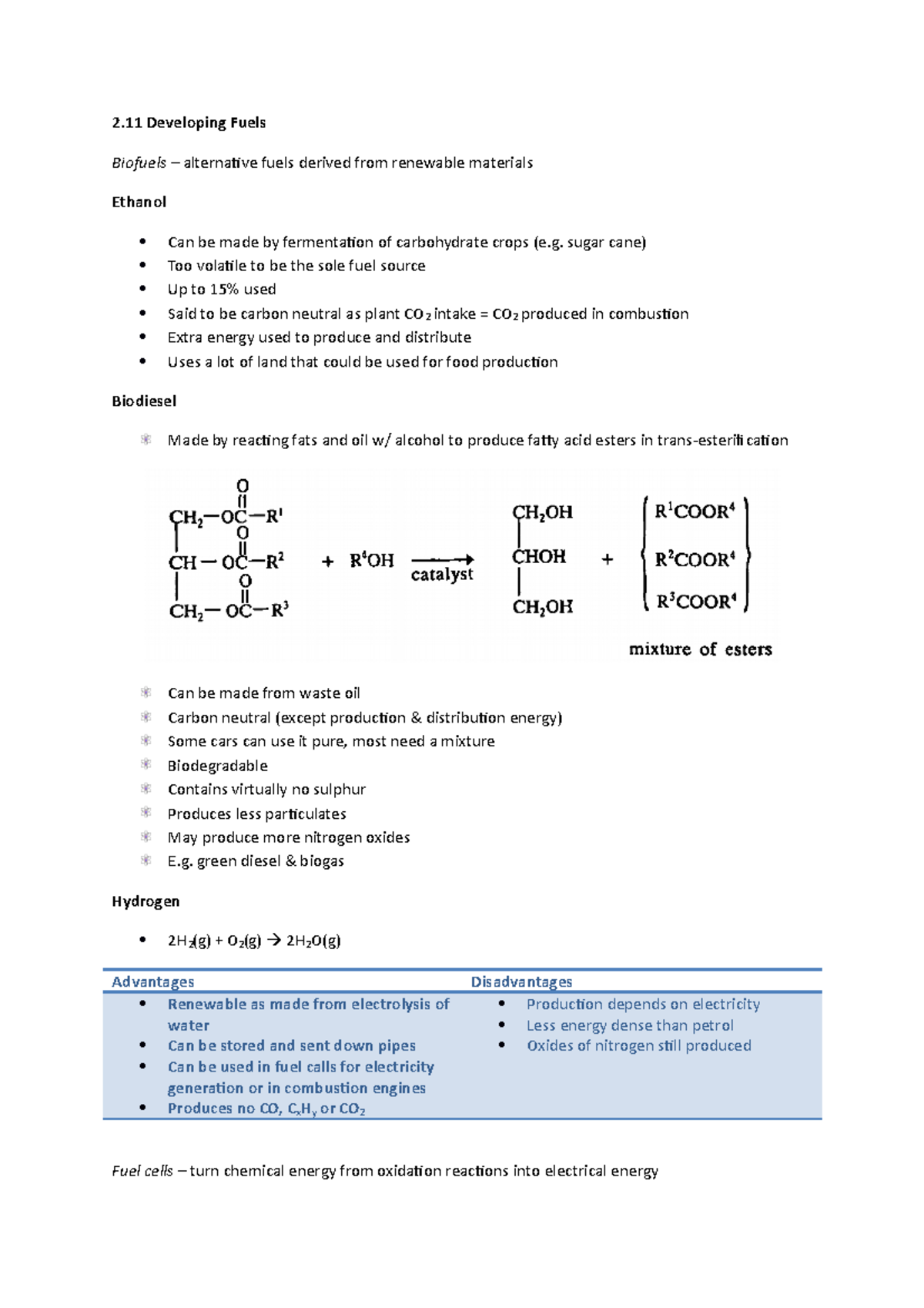 2.11 Developing Fuels chemistry notes 2 Developing Fuels Biofuels