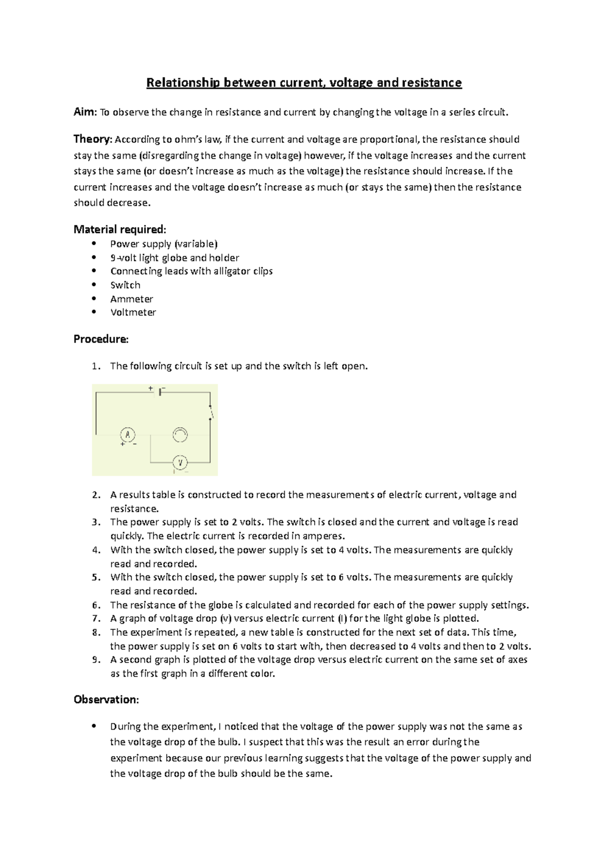 Lab Report- Resistance - Relationship Between Current, Voltage And ...