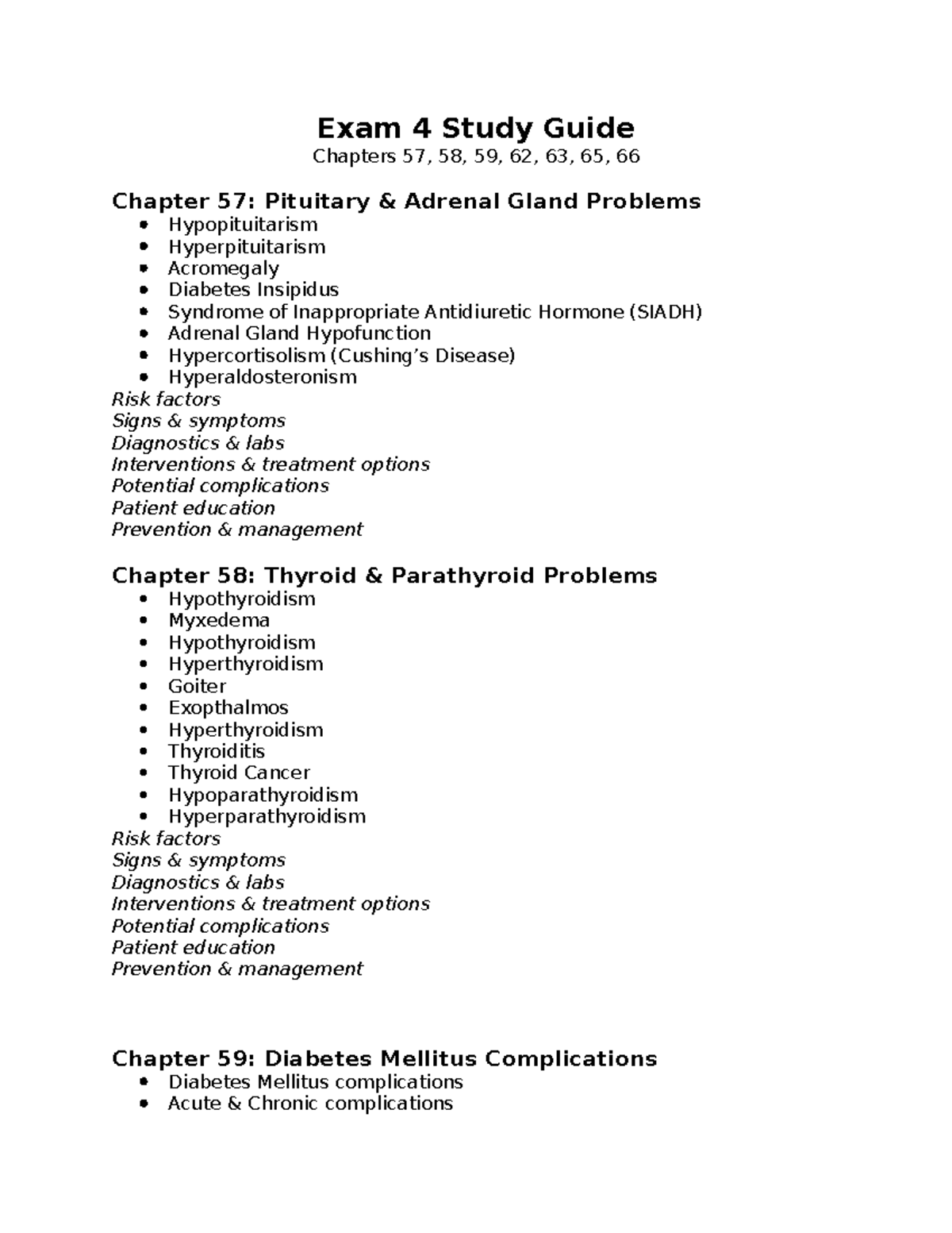 Exam 4 Study Guide - Exam 4 Study Guide Chapters 57, 58, 59, 62, 63, 65 ...