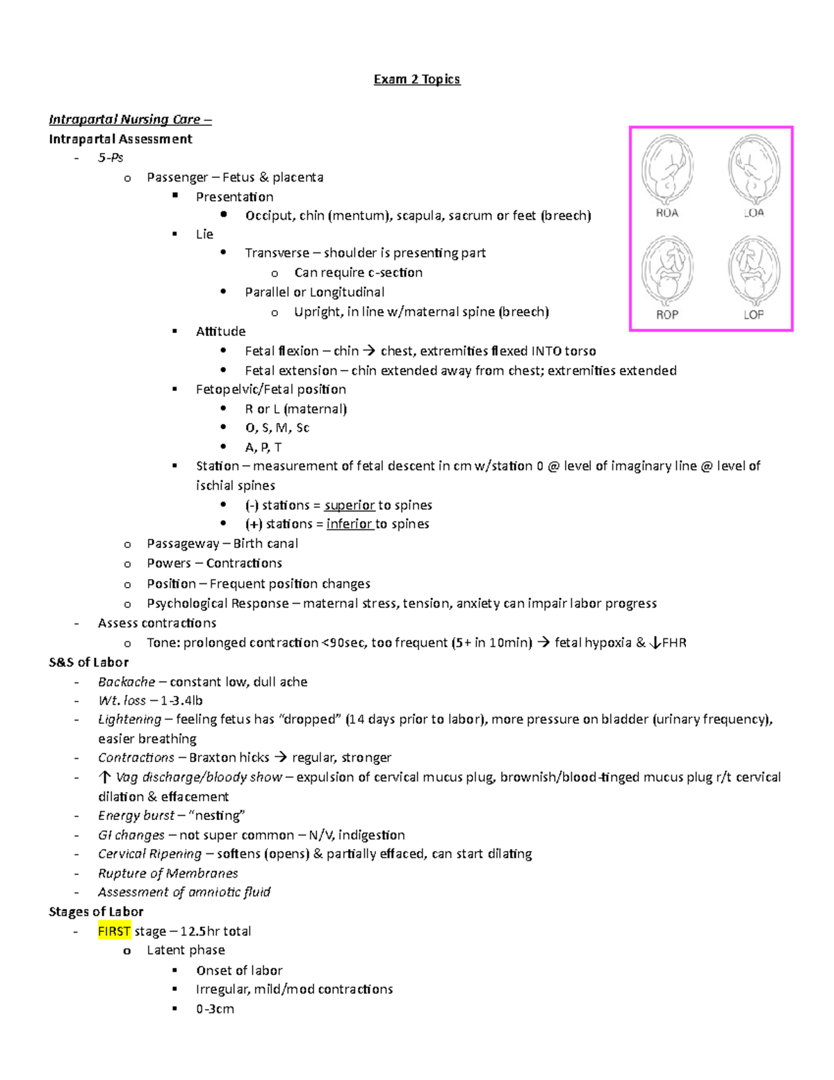 Exam2SG - Exam 2 Study Guide For Nur 230 - Exam 2 Topics Intrapartal ...