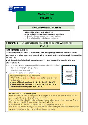 Lesson Plan Gr. 5 Mathematics Term 2 Week 7 Geometric Patterns - Grade ...