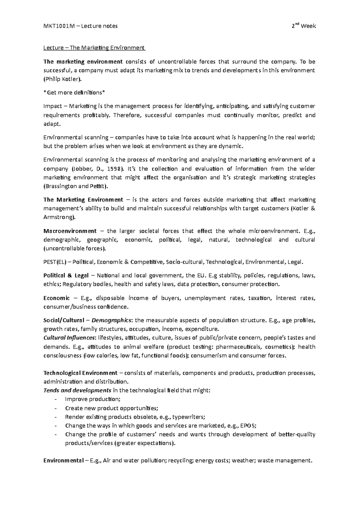 Lecture 2 - the marketing environment - MKT1001M – Lecture notes 2 nd ...